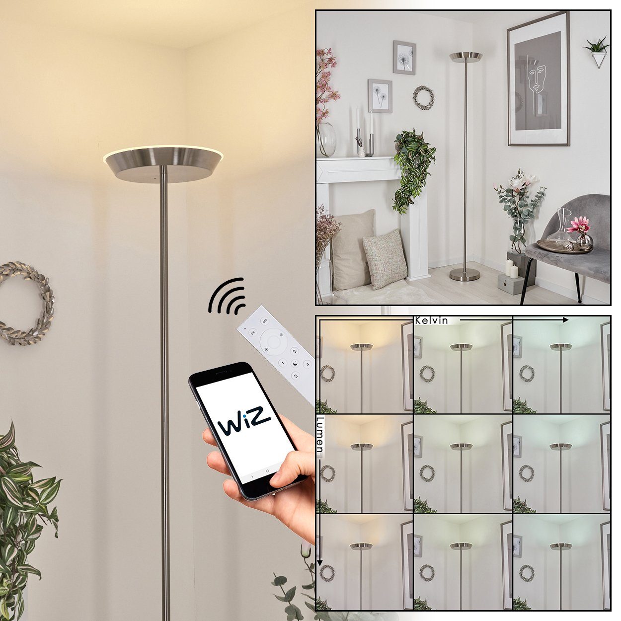 hofstein Stehlampe »Collepasso« dimmbare Stehlampe, Metall/Kunststoff, Nickel-matt, 6000 Kelvin, Steuerbar m. Smart App, Fußschalter, Fernbedienung, Bluetooth