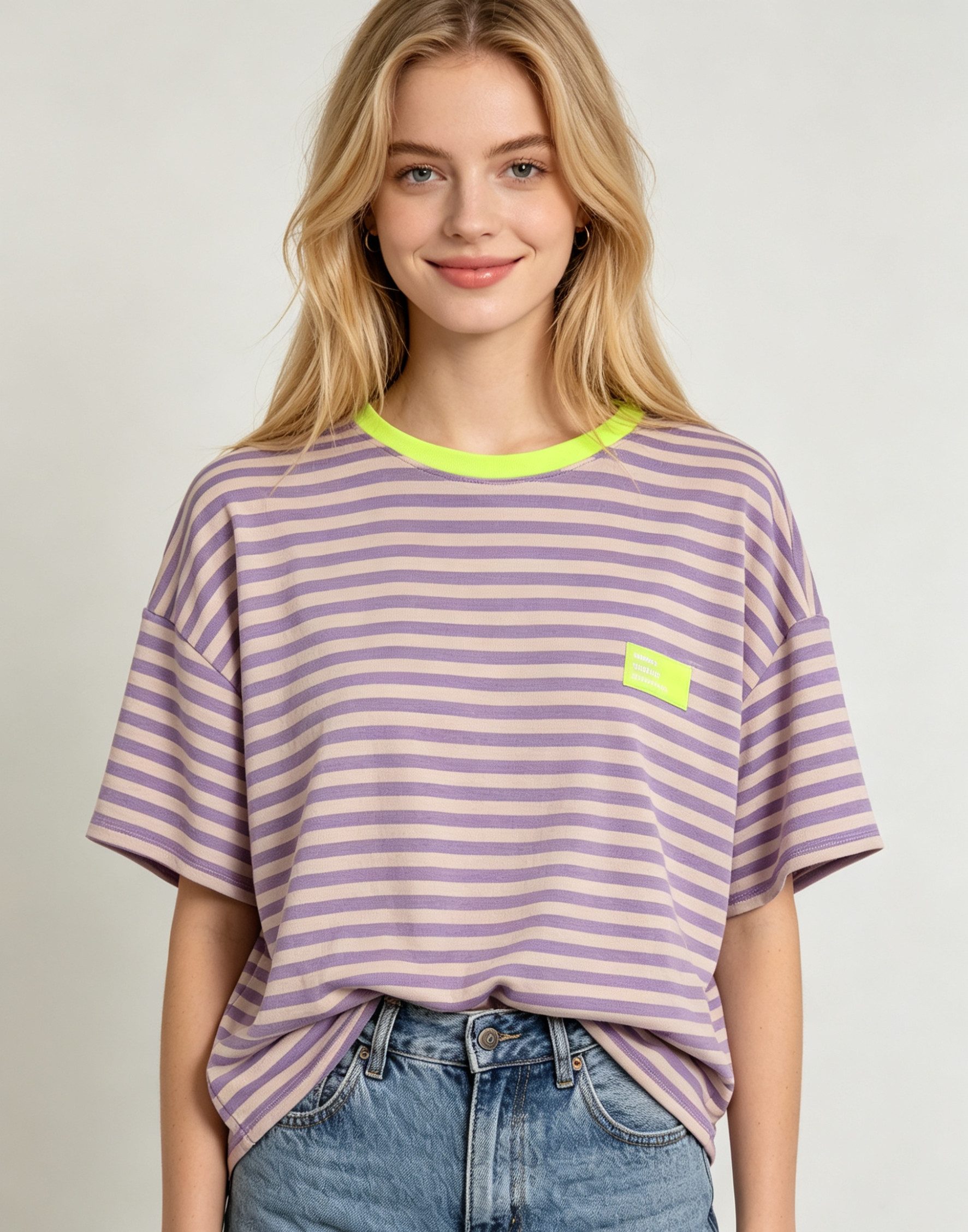 MIRROSI Sweatshirt Damen Kurzarm T Shirt Oversize Neonfarben Streifenmuster Ringelshirt, One Size Passform (ca. Gr. 34–40); Made in Italy