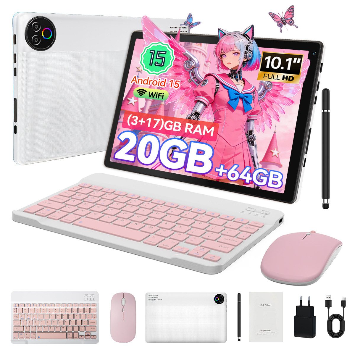 Happybe 10’’ HD Android 15, 20(3+17)GB RAM, 64GB, WiFi6 mit Tastatur und Stift Tablet (10", 64 GB, Android, WiFi6, Großbs Display Tablet mit Stift, Tastatur und Maus, Widevine L1)