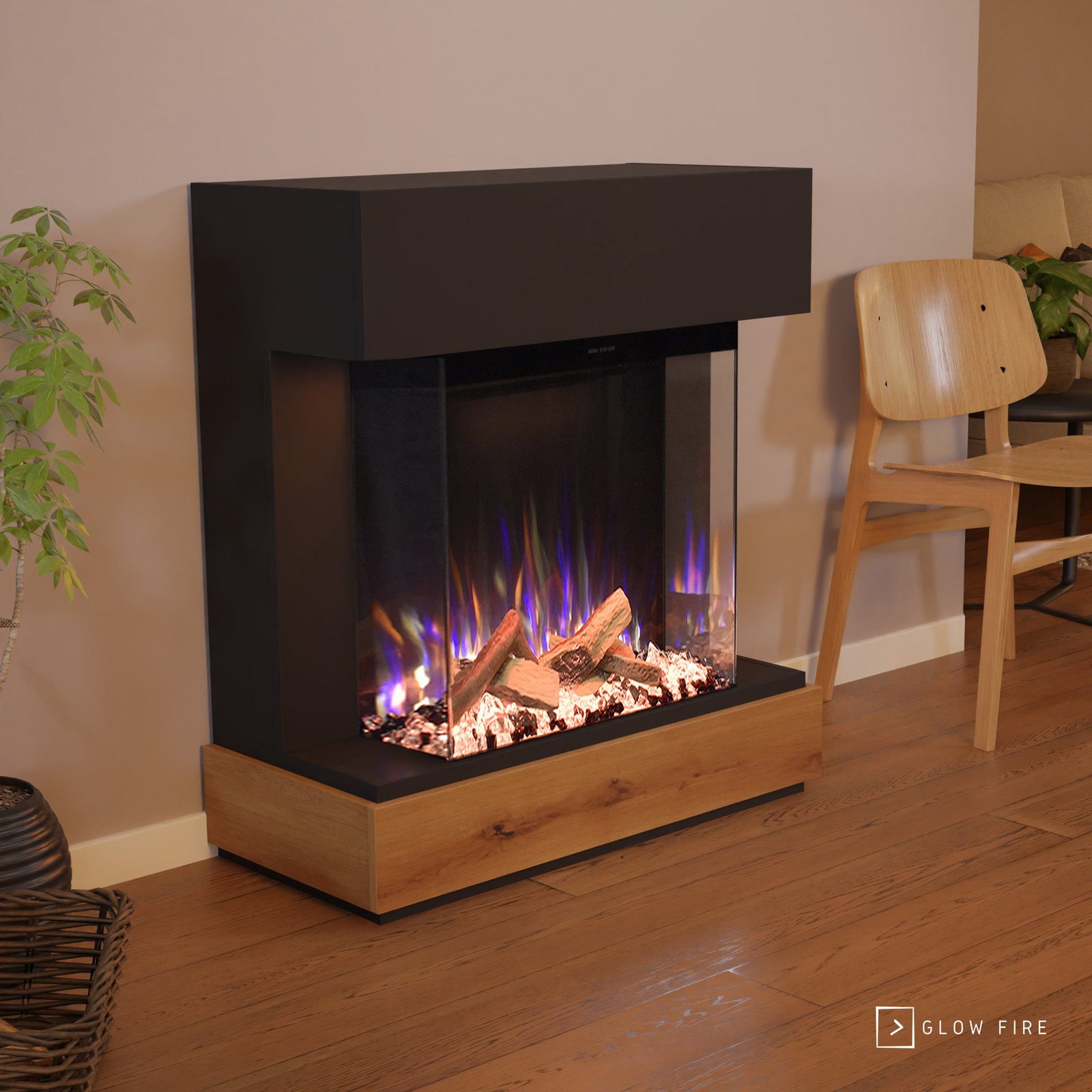 GLOW FIRE Elektrokamin PR13 E-Motion 3D, Elektrischer Kamin mit 3D Feuer mit Heizung, täuschend echte Flamme mit Heizung, 3 Dekorationen