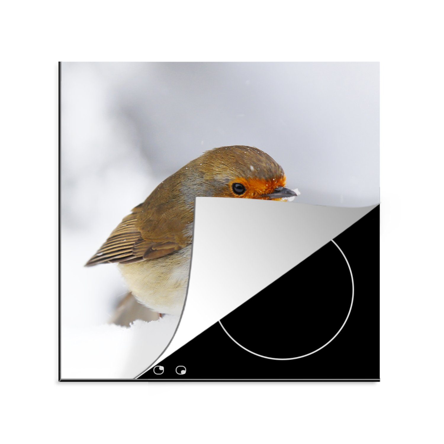 Vogel, (1 cm, - Ceranfeldabdeckung, MuchoWow - tlg), Arbeitsplatte für Herdblende-/Abdeckplatte Rotkehlchen küche 78x78 Schnee Vinyl,