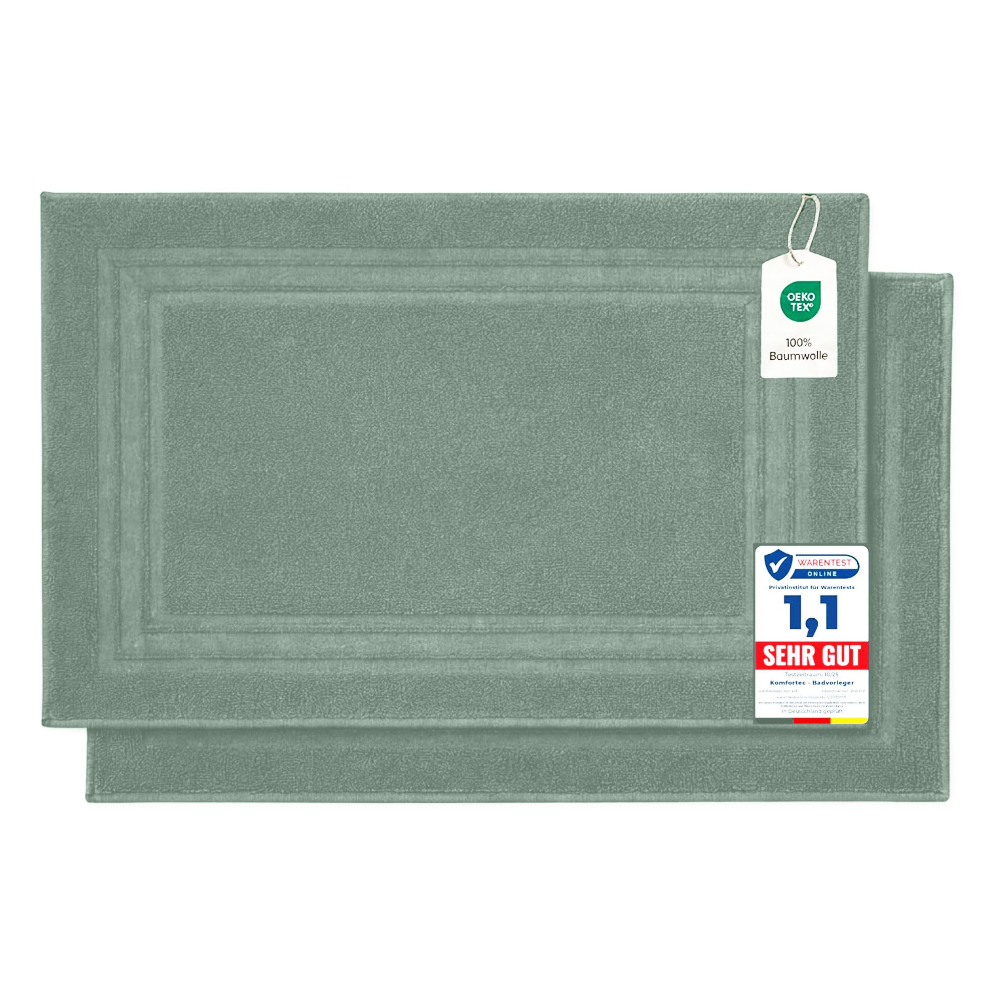 Komfortec Badematte Badvorleger aus 100% Baumwolle, Waschbar Duschmatte, Frottee, Rechteckig, 600 g/m², 2er Set, Saugfähig & Schnelltrocknend