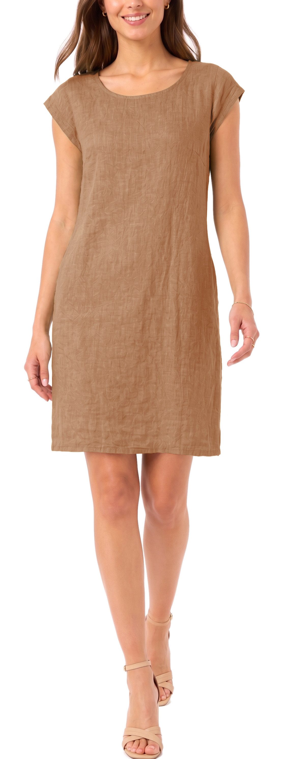 dy_mode Midikleid Einfarbiges Damen Leinenkleid Sommerkleid Kurzarm Midi Kleid in Unifarbe, mit Eingriffstaschen, leicht taillierte Passform