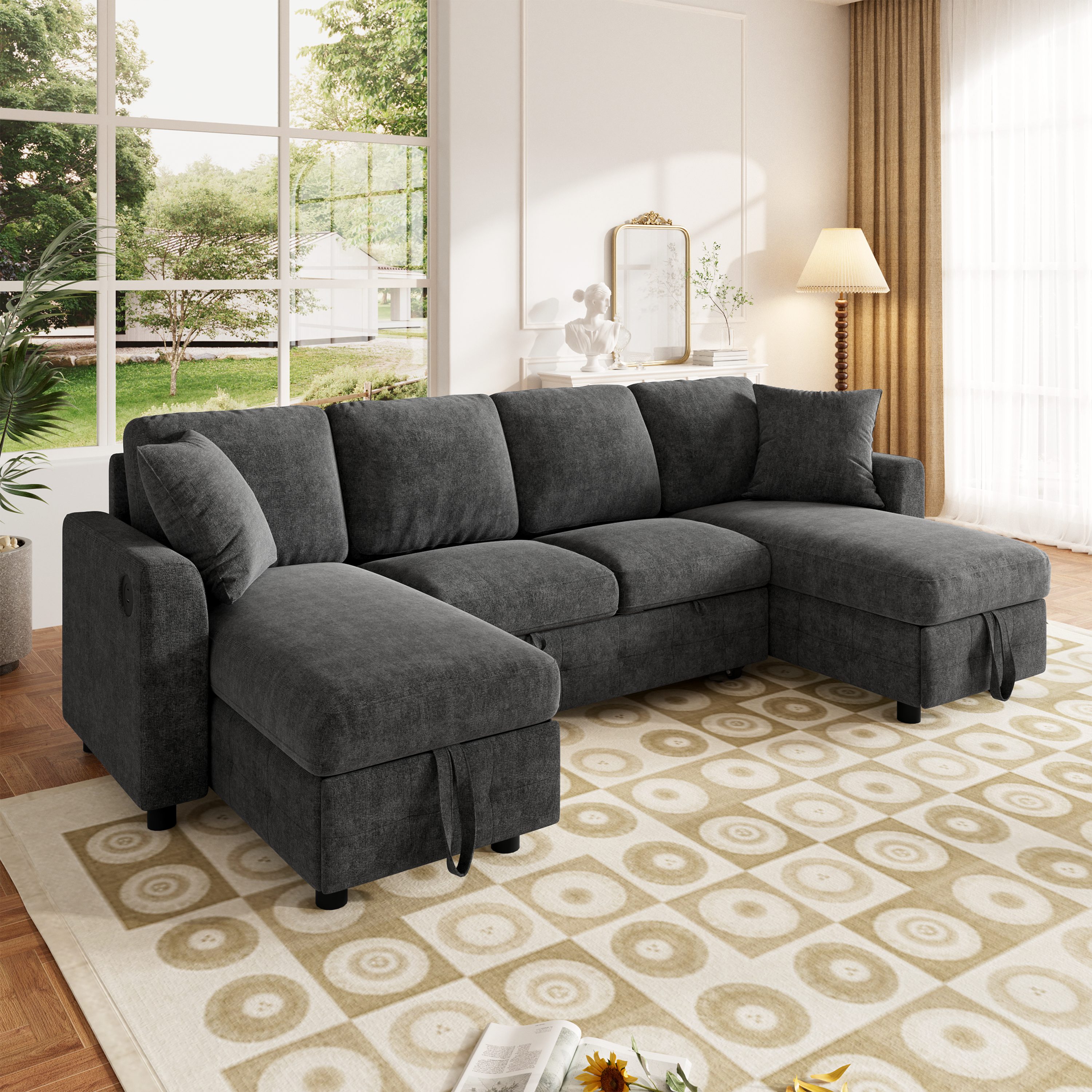Flieks Ecksofa U-Form ausziehbares Schlafsofa Couch mit Schlaffunktion, Ladefunktion, 260×128×82 cm, 4-Sitzer Sofa mit 2 Stauraum-Chaiselongues Chenille Dunkelgrau