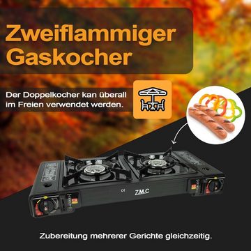 ZMC Gaskocher Doppel Kartuschenkocher Gaskocher 2 Flammig + 8x Gaskartuschen 227g, (mit automatische Piezo-Zündung Wärmeleistung: 2,3KW), Outdoor Gas Campingkocher 2Fach Gasherd Ofen Butan Kochfeld Gas Kocher