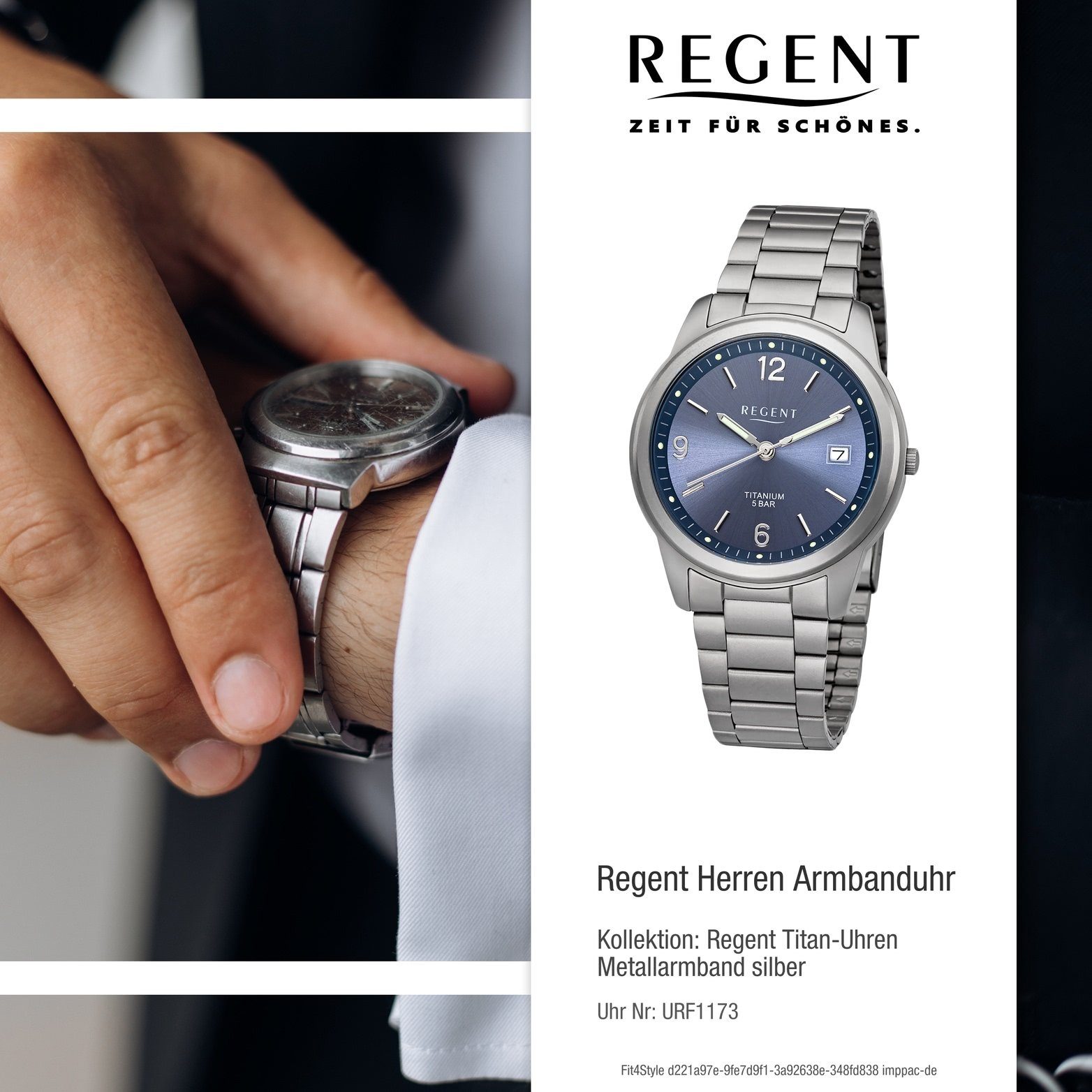 Uhr Regent Metall (ca. Herren 36mm) Herrenuhr silber, Quarzuhr rundes mittel Regent Analog, F-1173 Gehäuse, Metallarmband