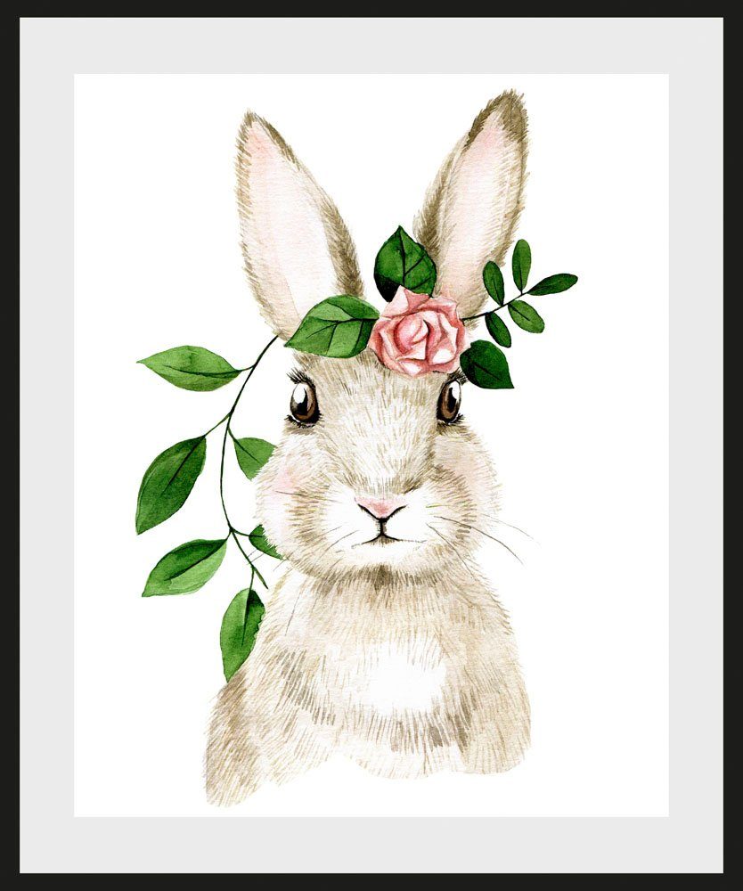 queence Bild Akatosch, Blumen, Hase, Hasen, Haustiere, Kunst, Ostern (1 St), mit Rahmen, schwarz