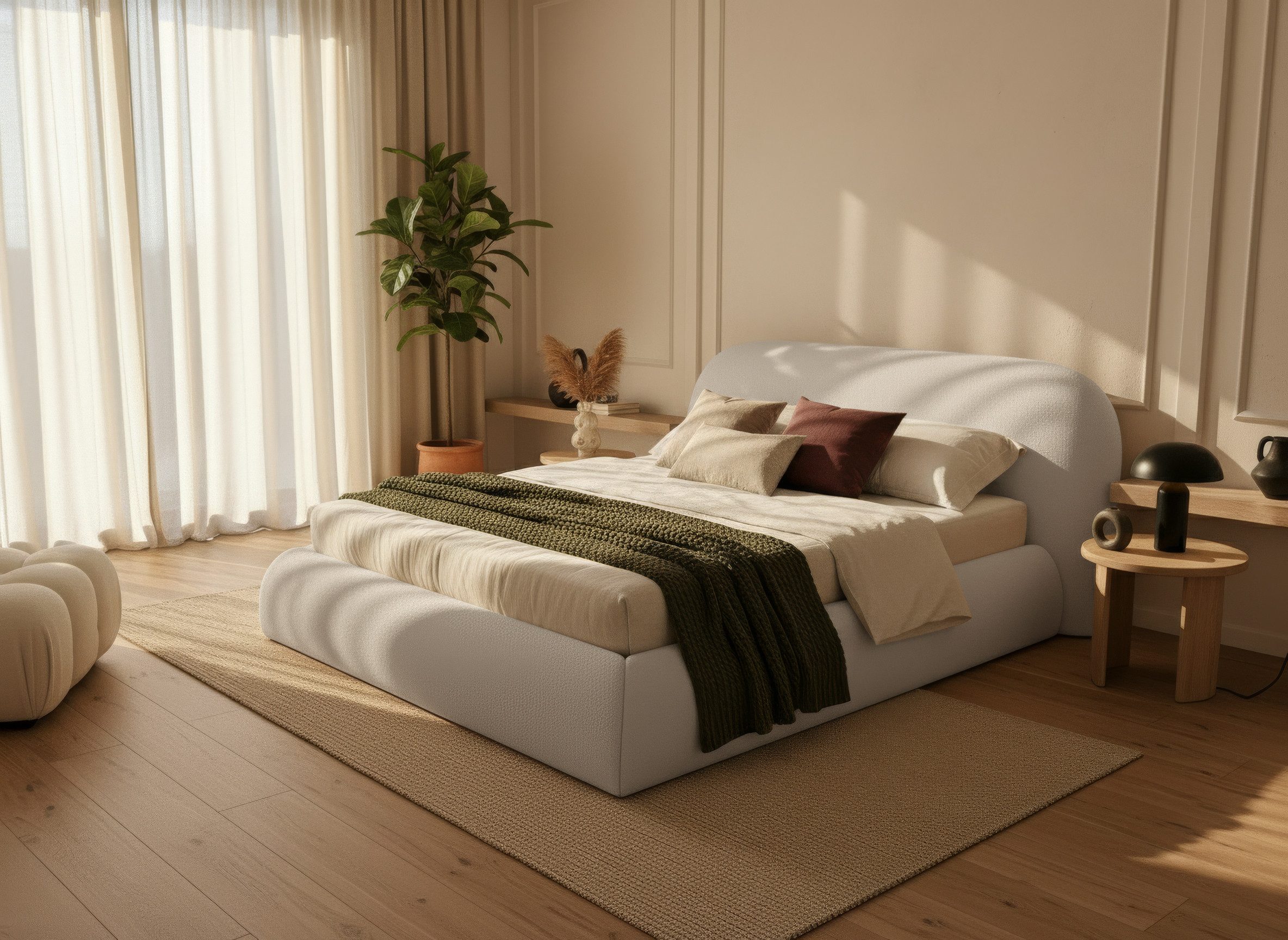 thematys Polsterbett mit Bettkasten, CLOUD 140x200 160x200 180x200 200x200cm (Kopfteil im Oversize-Look und Stauraum – weich, modern und pflegeleicht), Inklusive Lattenrost), hochwertiger Davis-Stoff in Grafit, Grau, Weiß, Beige und Kreme