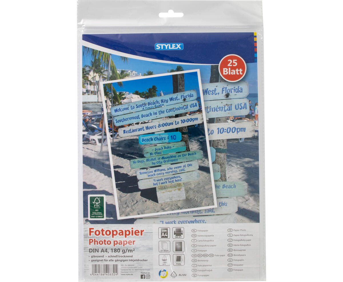 Stylex Fotopapier STY Fotopapier A4 - weiß, glänzend - 25 Blatt 180 g/qm