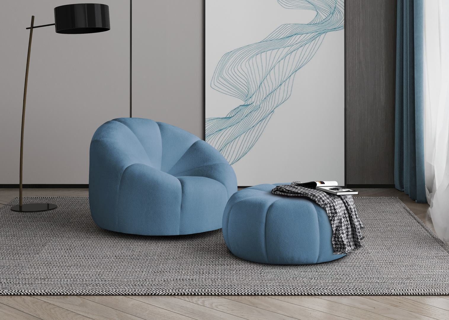 Beautysofa Loungeset Moderner stilvoller Drehstuhl + Schemel Loft, (Stoff:Bubble), B:100/H:70/T:70cm