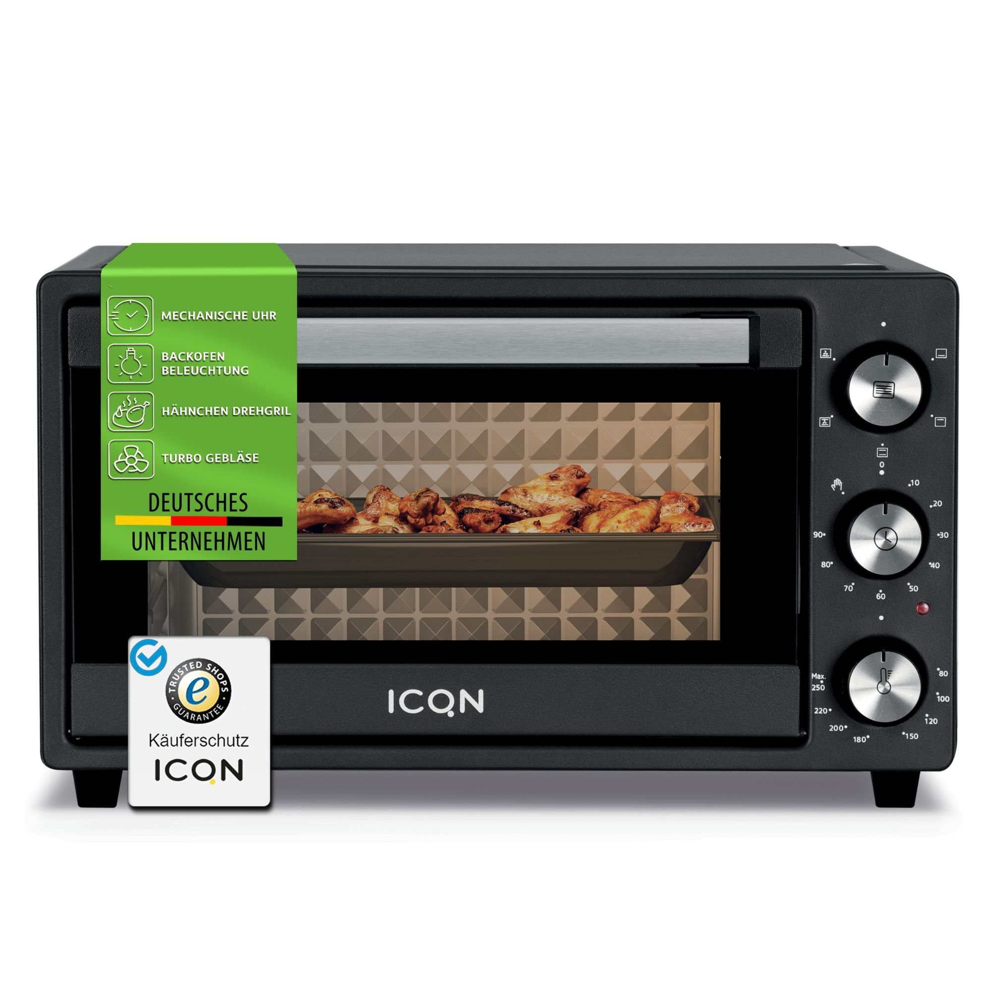 ICQN Minibackofen 20 L, Ober/Unterhitze mit Umluft, 5 GrillFunktion, Timer, 1500 W, Pizza