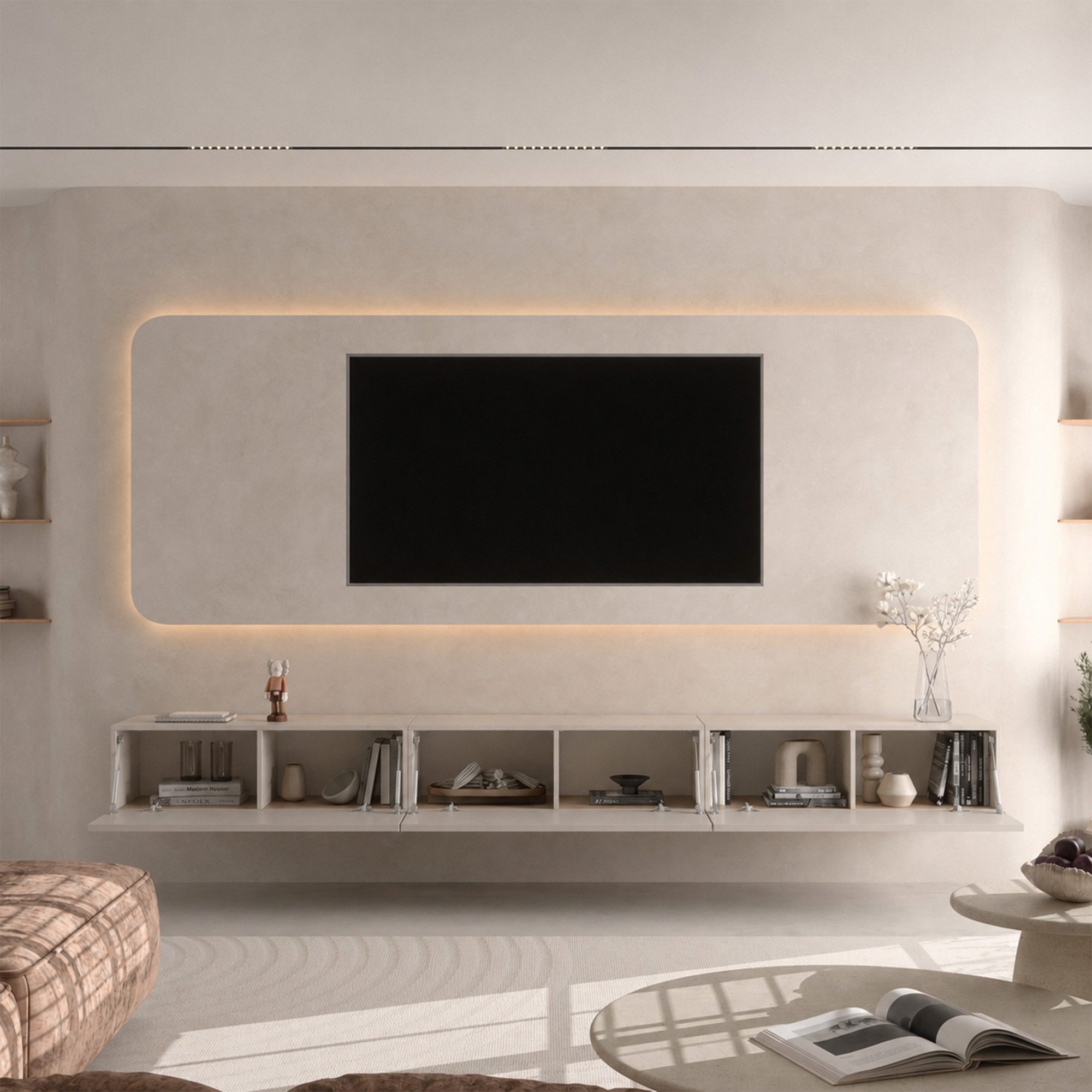 Planetmöbel TV-Schrank West TV-Board, Fernsehtisch 300 cm lang, TV-Lowboard (für Fernseher bis 85 Zoll, TV Schrank viel Stauraum, sideboard hängend, Fernsehschrank 3x 100 x 30 x 37,5 cm) kaschmir