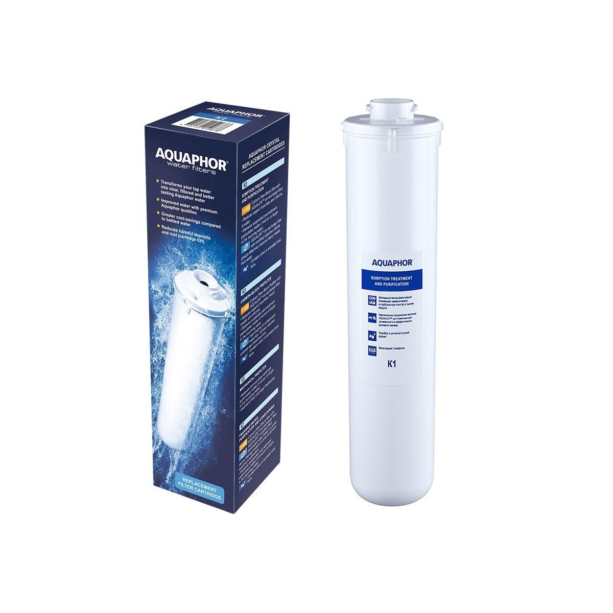 AQUAPHOR Wasserfilter K1 Aktivkohleblockfilter, Vorfilter, Zubehör für Umkehrosmose und Aktivkohlesysteme AQUAPHOR/ 6000 L. Kapazität oder 6 Monate, Zweistufiger Filter: 10 µm. und 3 µm.