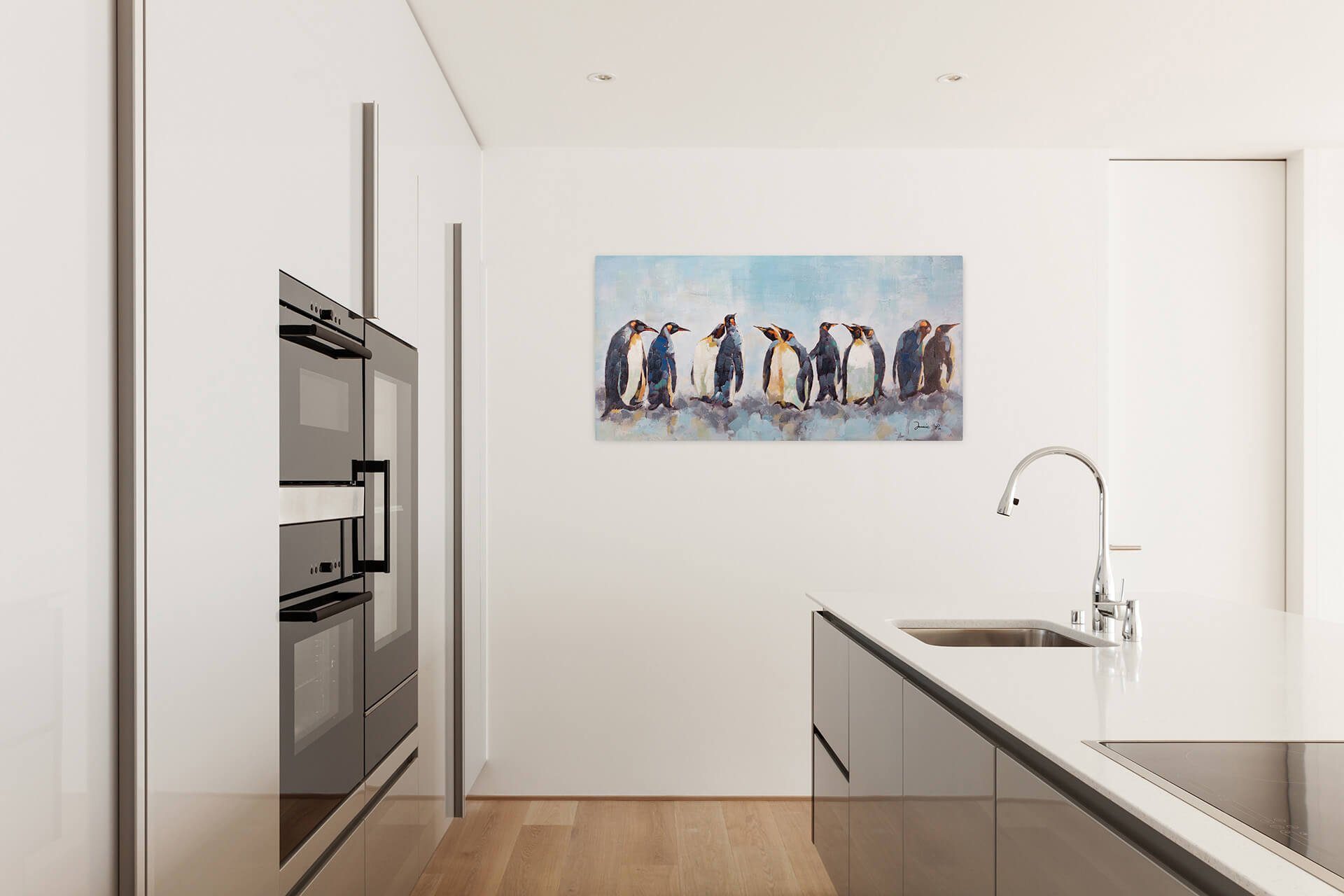 KUNSTLOFT Gemälde Kreis der Pinguine 120x60 cm, Leinwandbild 100% HANDGEMALT Wandbild Wohnzimmer