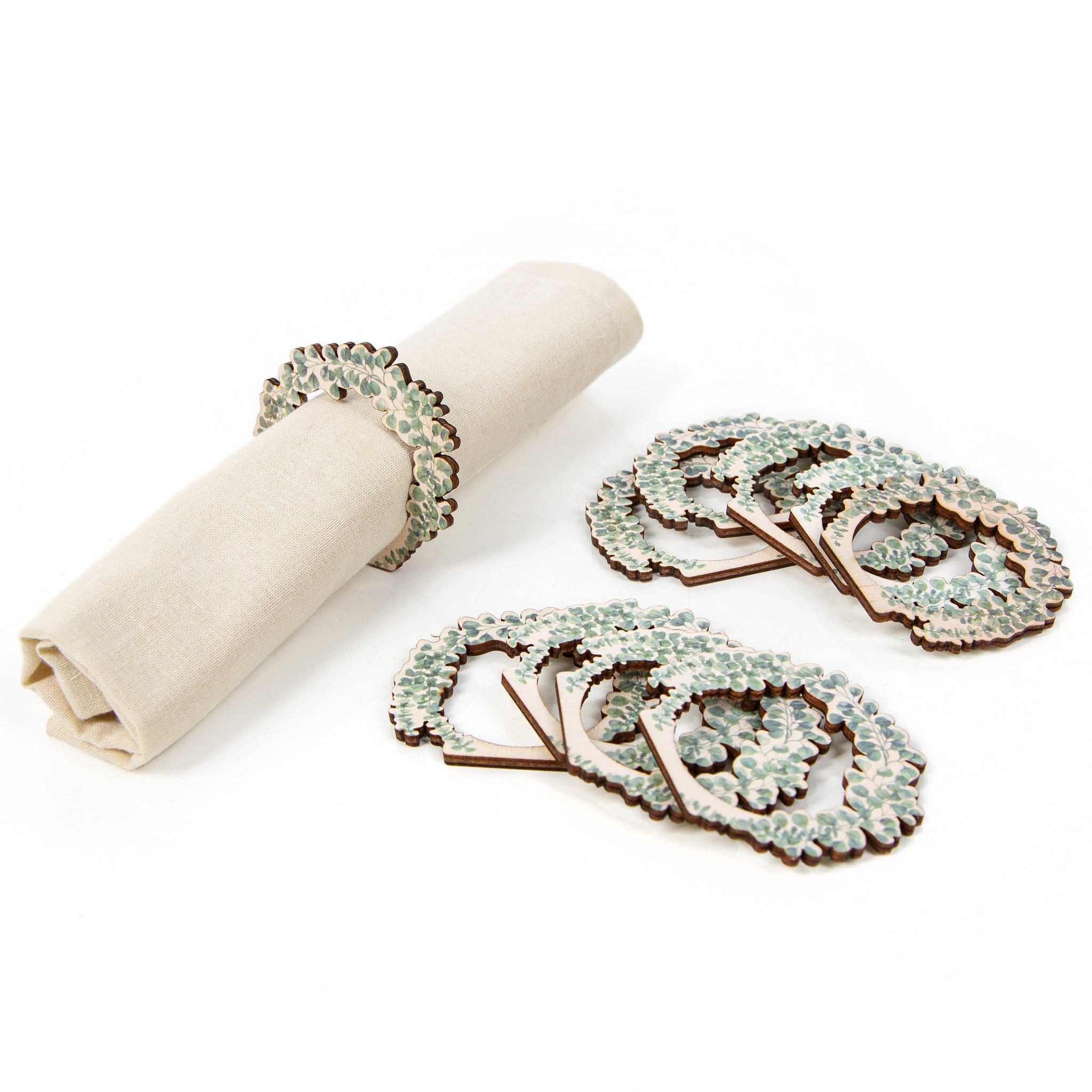 Logbuch-Verlag Dekofigur 10 Serviettenringe Eukalyptus aus Holz Blätter grün Tischdeko