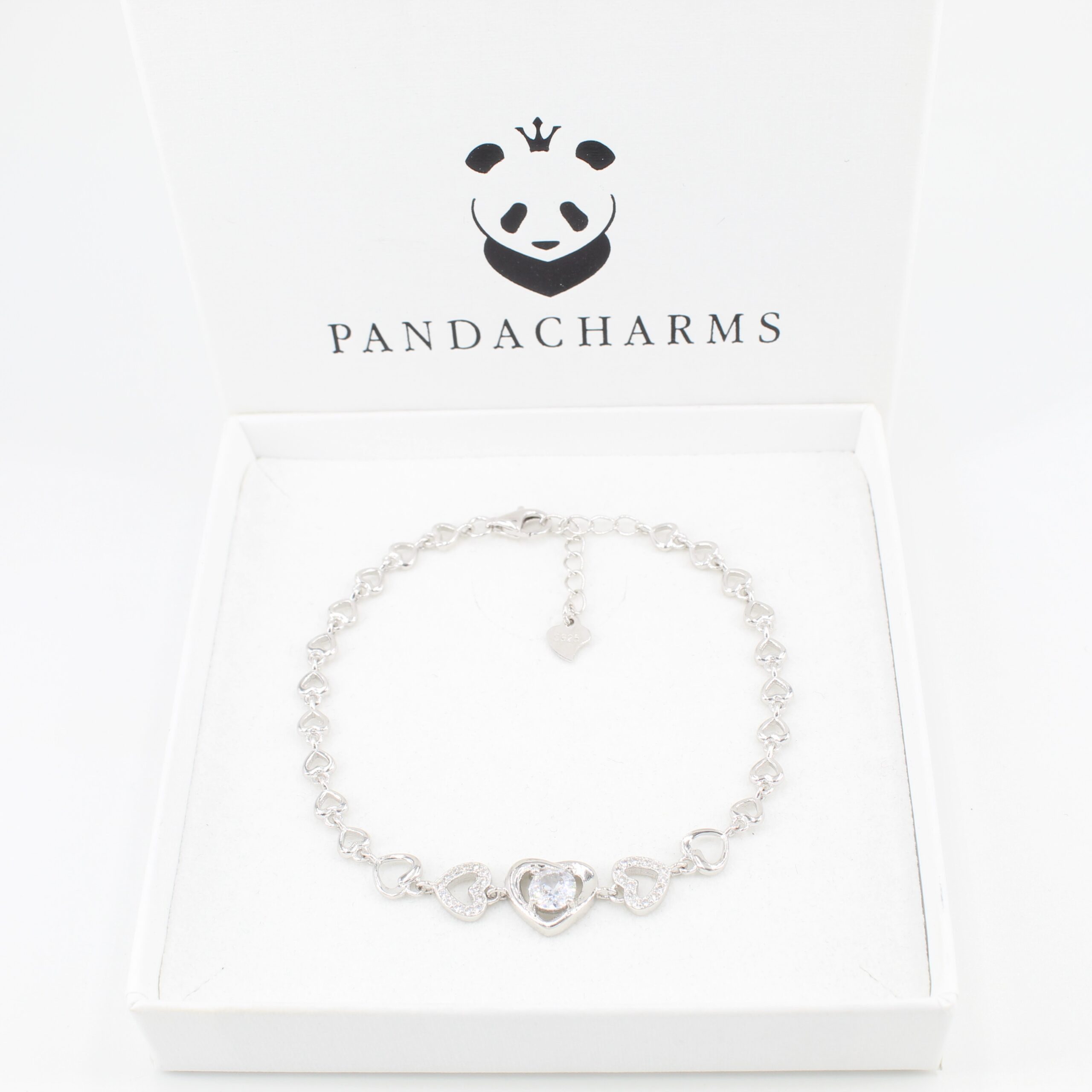 PANDACHARMS Silberarmband Herz an Herz, 925 Silber mit Zirkonia Steinen, Länge variabel 16-19cm