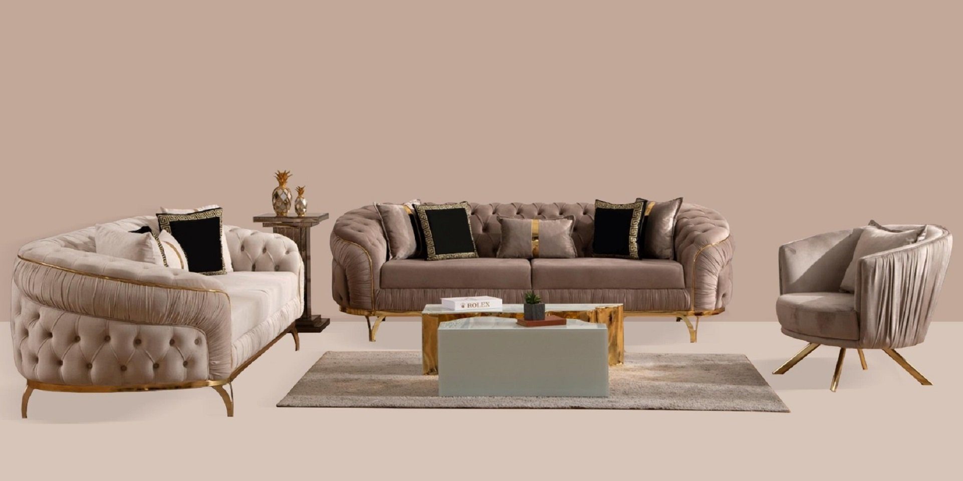 in 3 Chesterfield Nur 2x Sofas (3-St., Textil Sessel), Sitzer Europe + Neu, Made JVmoebel Textil Design Wohnzimmer-Set Polster Sitzer Sofas 331