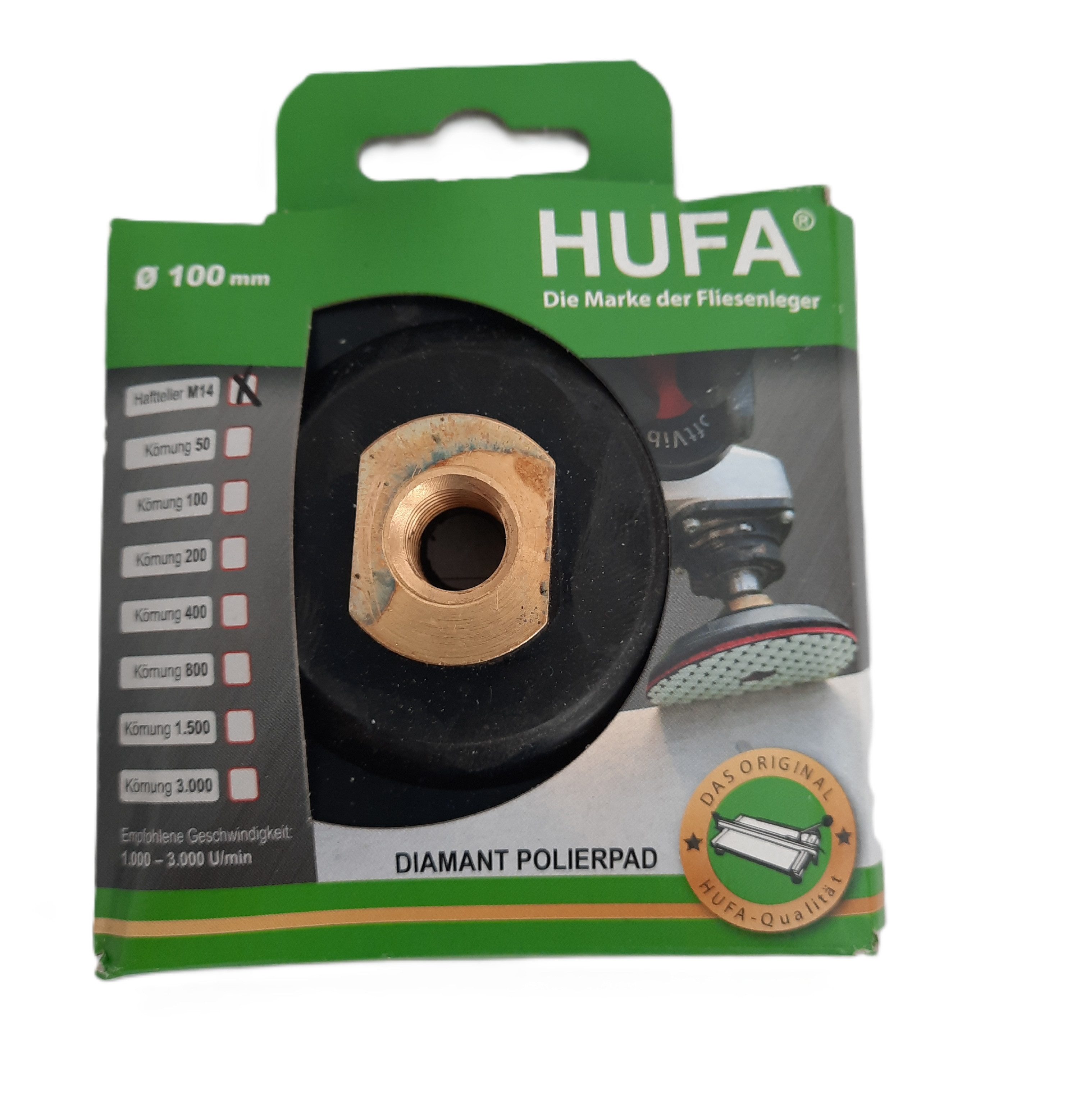 Hufa Schleifteller Hufa Klett Haftteller Stützteller Ø 100mm für Diamant Polierpad, starkes Klettgewebe für sicheren Halt
