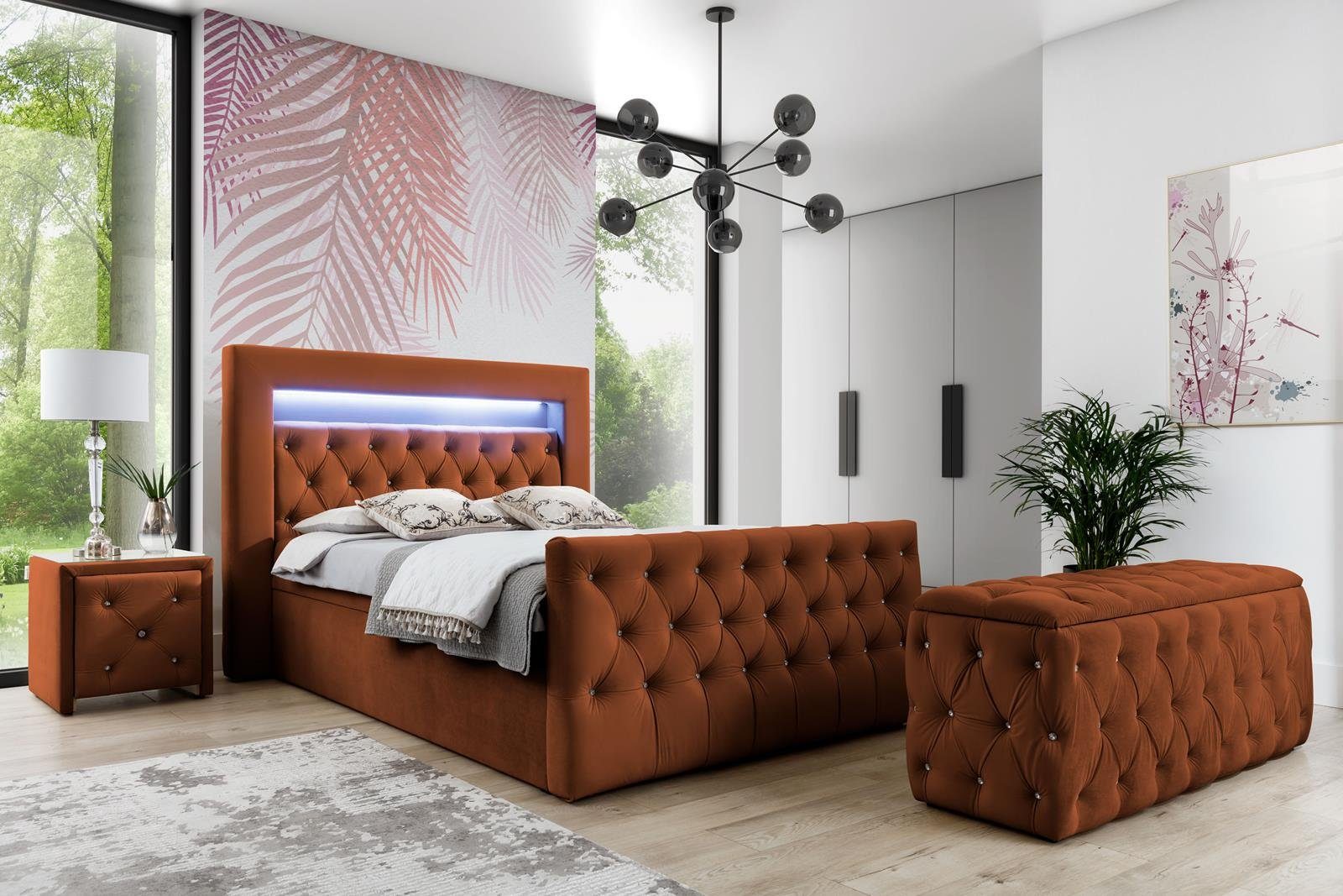 Beautysofa Boxspringbett Singa LED (mit Hauptmatratze und Topper, mit LED-Beleuchtung), Polsterbett mit zwei Bettkästenf ür die Bettwäsche orange (slow motion 56)