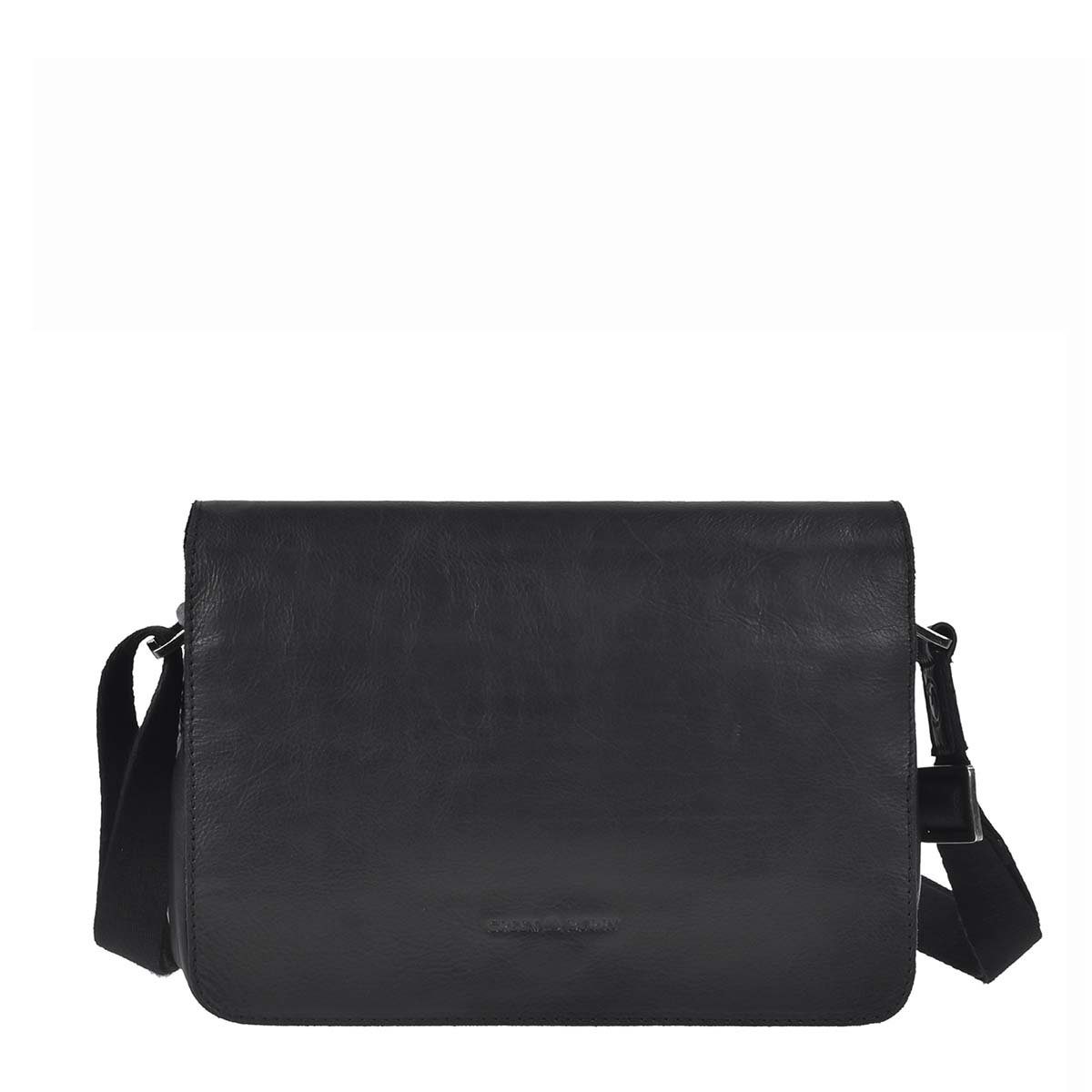 Greenburry Umhängetasche Pure Black, Schultertasche, 3 Hauptfächer, Vorfach, Reißverschlussfächer, Leder