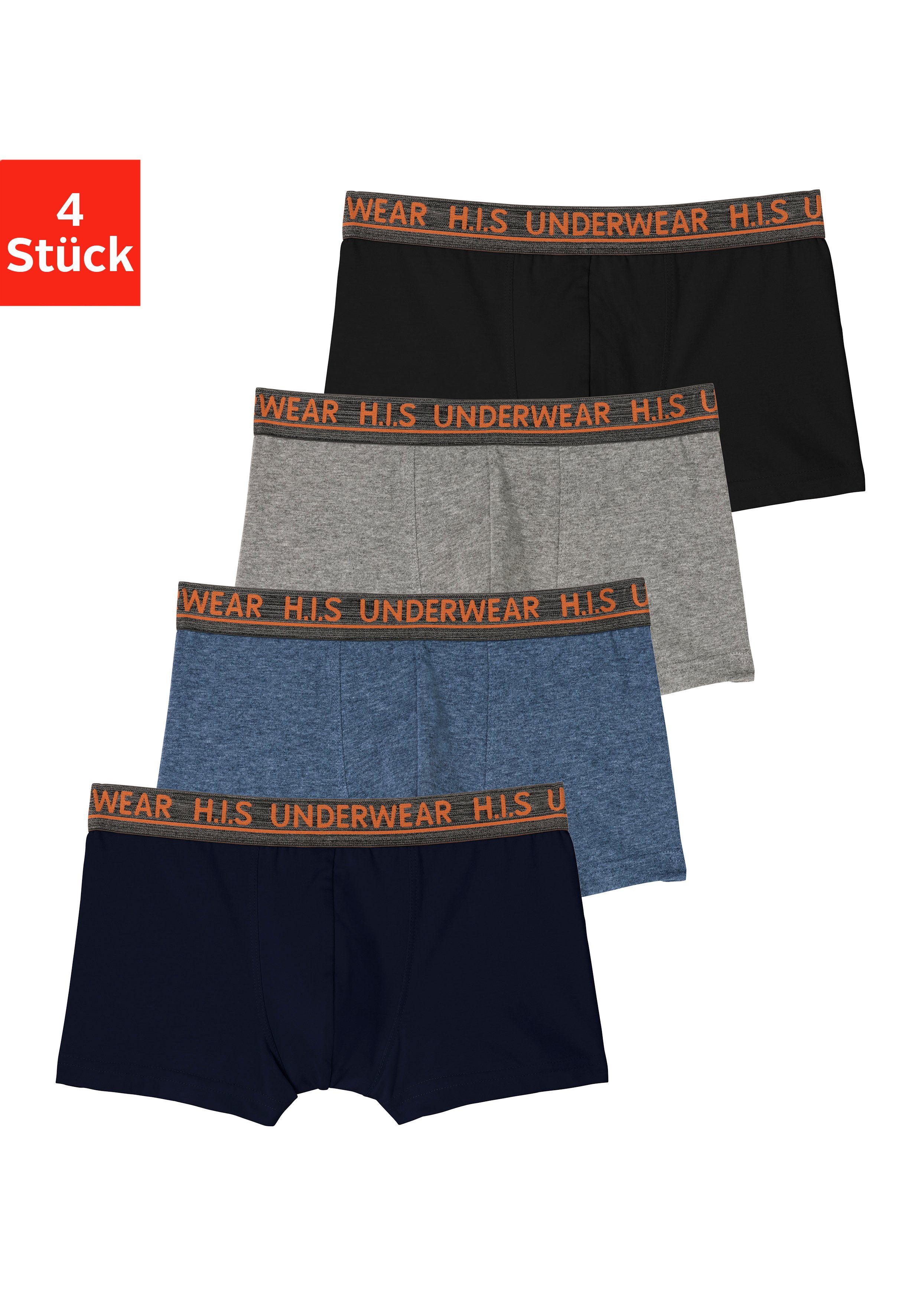 H.I.S Boxer (Packung, Jungen 4-St) mit navy, blau-meliert, meliertem Webbund Logo grau-meliert, schwarz für