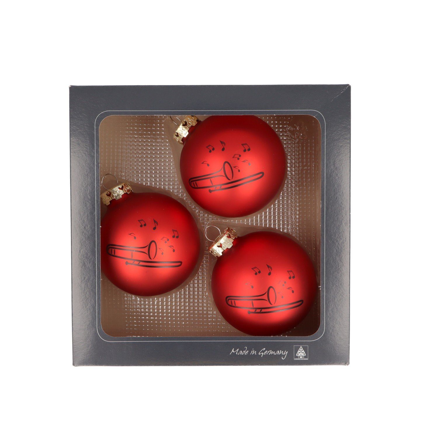 Musikboutique Weihnachtsbaumkugel, 3er-Set aus Glas mit schwarzem Posaune-Druck, Farbe rot