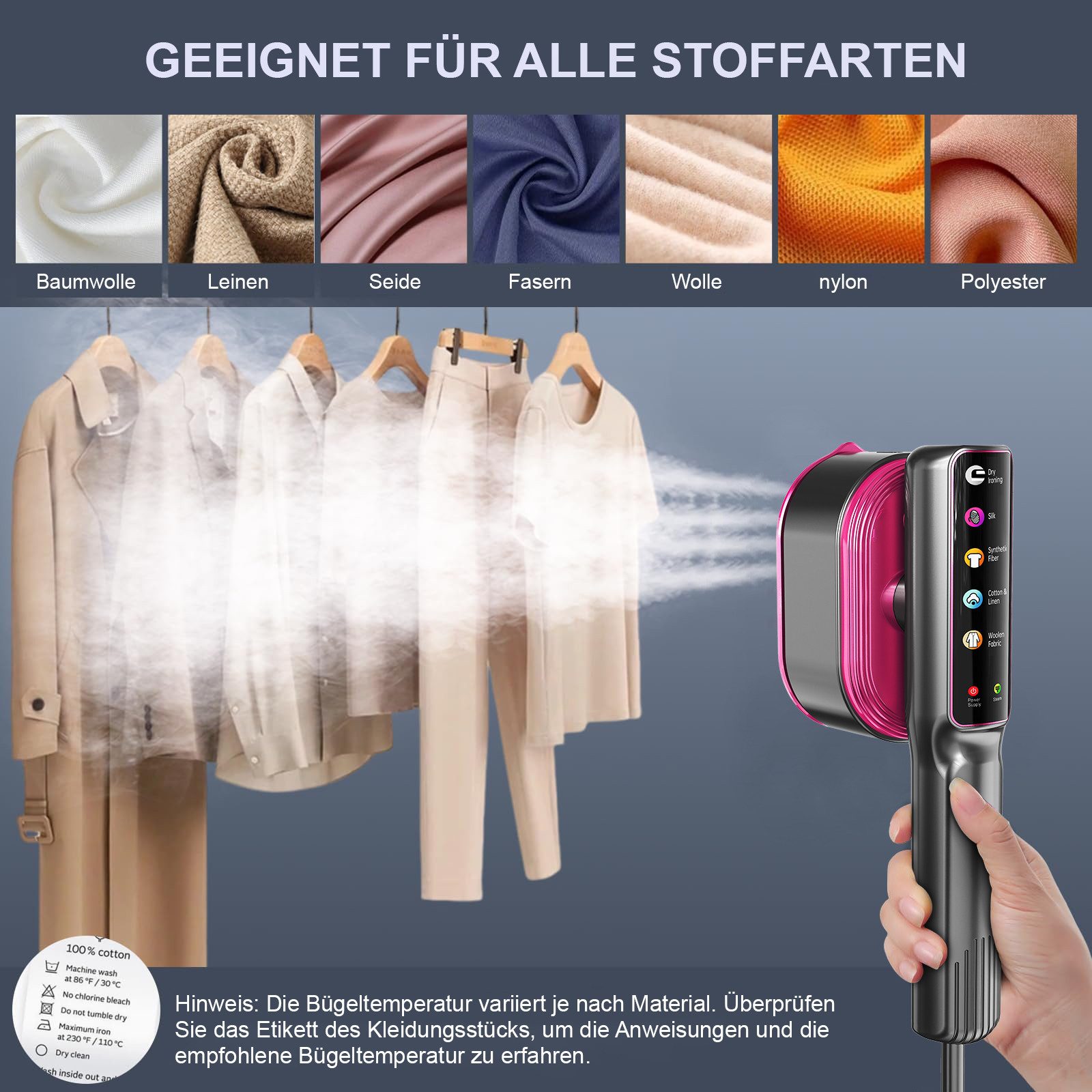 AOMIAO Dampfbürste für Kleidung, Dampfglätter 110ml Wassertank, Aufheizung in 20 Sekunden, 1200 W, Reisebügeleisen, 4 Stoffmodi, LCD-Display, Trocken- & Dampfbügeleisen
