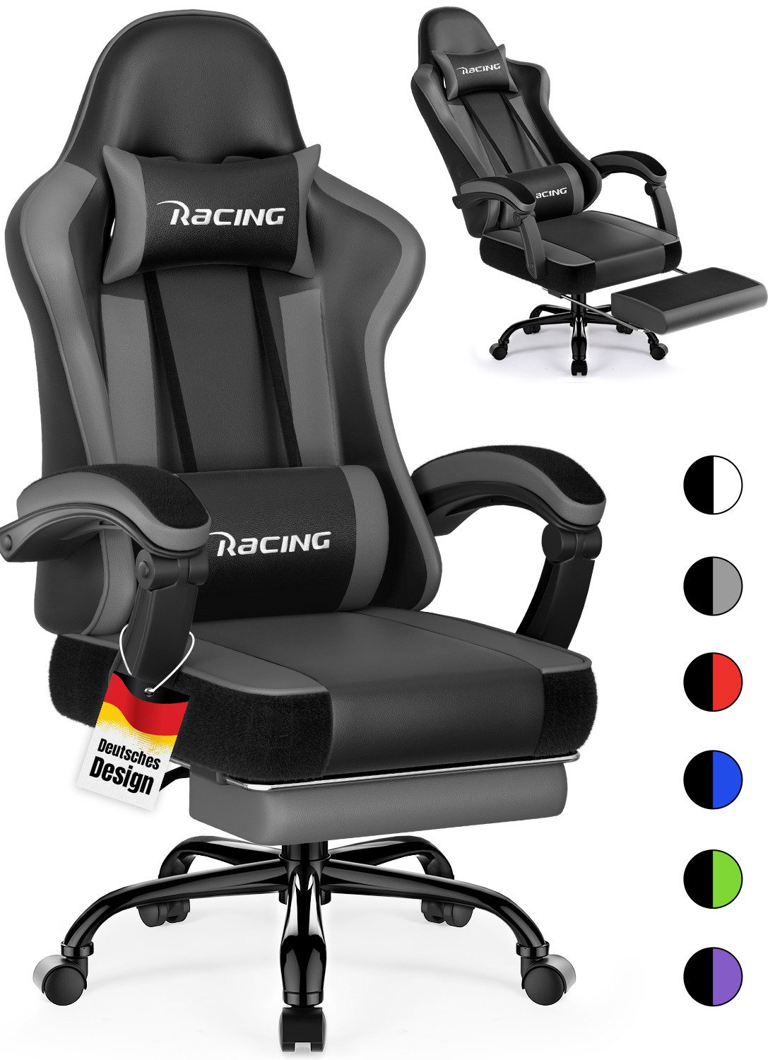 Hiazurm Gaming-Stuhl Gaming Stuhl Chair Gamer Sessel - Ergonomischer Gamer Stuhl (Tragkraft 150 Kg), Gamingstuhl mit Fußstütze Kopfstütze und Lordosenstütz PC Sessel