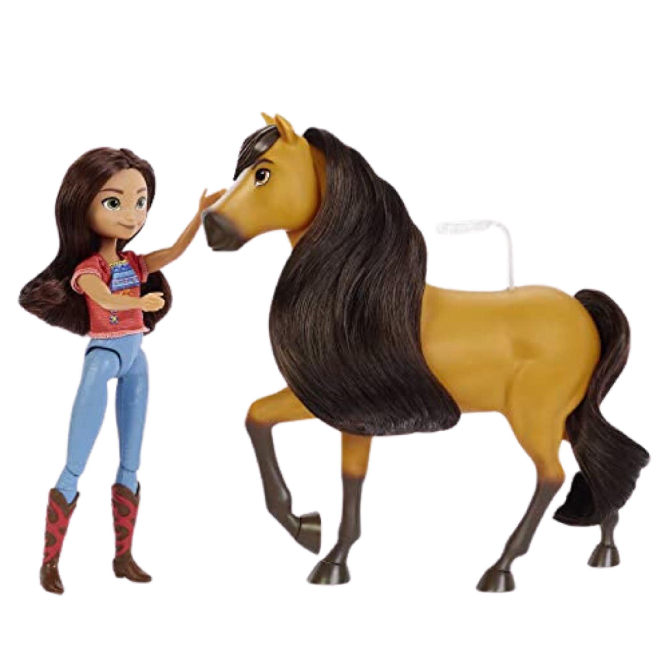 DREAMWORKS Spirit RIDING FREE Spielfigur Puppe mit Pferd Lucky & Spirit Filmfiguren, (5-tlg., Lucky-Puppe 18 cm, Pferd Spirit 20 cm, Handtasche Bürste), 7 bewegliche Gelenke, weiche und frisierbare Mähne