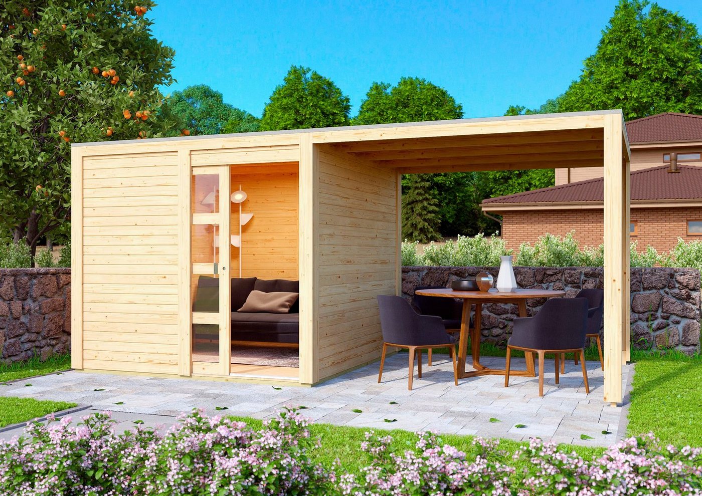 Thumbnail - Karibu Gartenhaus Quellsee 1, BxT: 485x246 cm, (Set), mit Anbaudach, naturbelassen oder terragrau