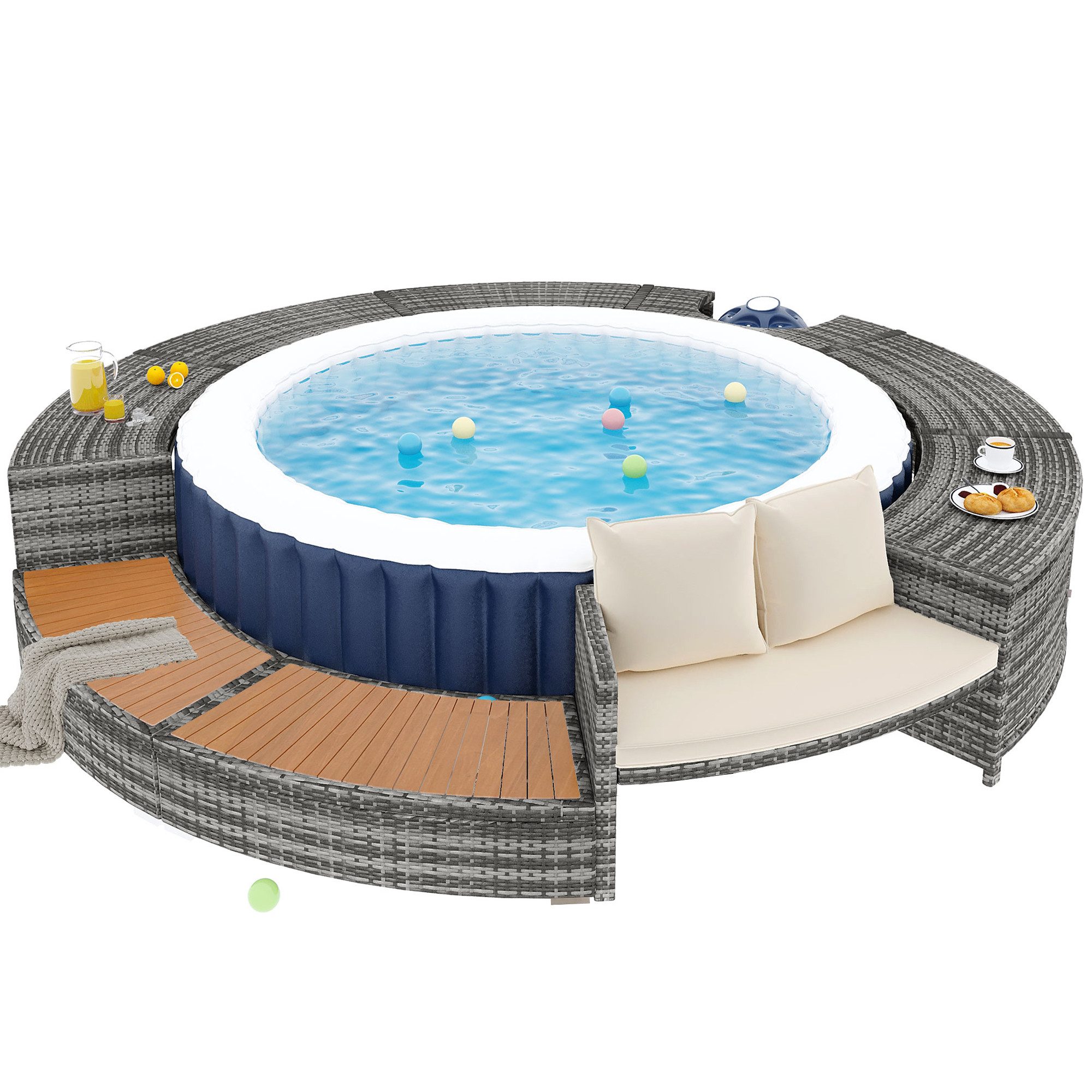 Rutaqian Gartenlounge-Set Garten-Lounge-Set mit runder Couch, Gartenmöbel-Set, Lounge-Set, (für Whirlpool und Pool, mit verstellbaren Füßen, inklusive Kissen), Möbel für Terrasse, Garten oder Poolbereich