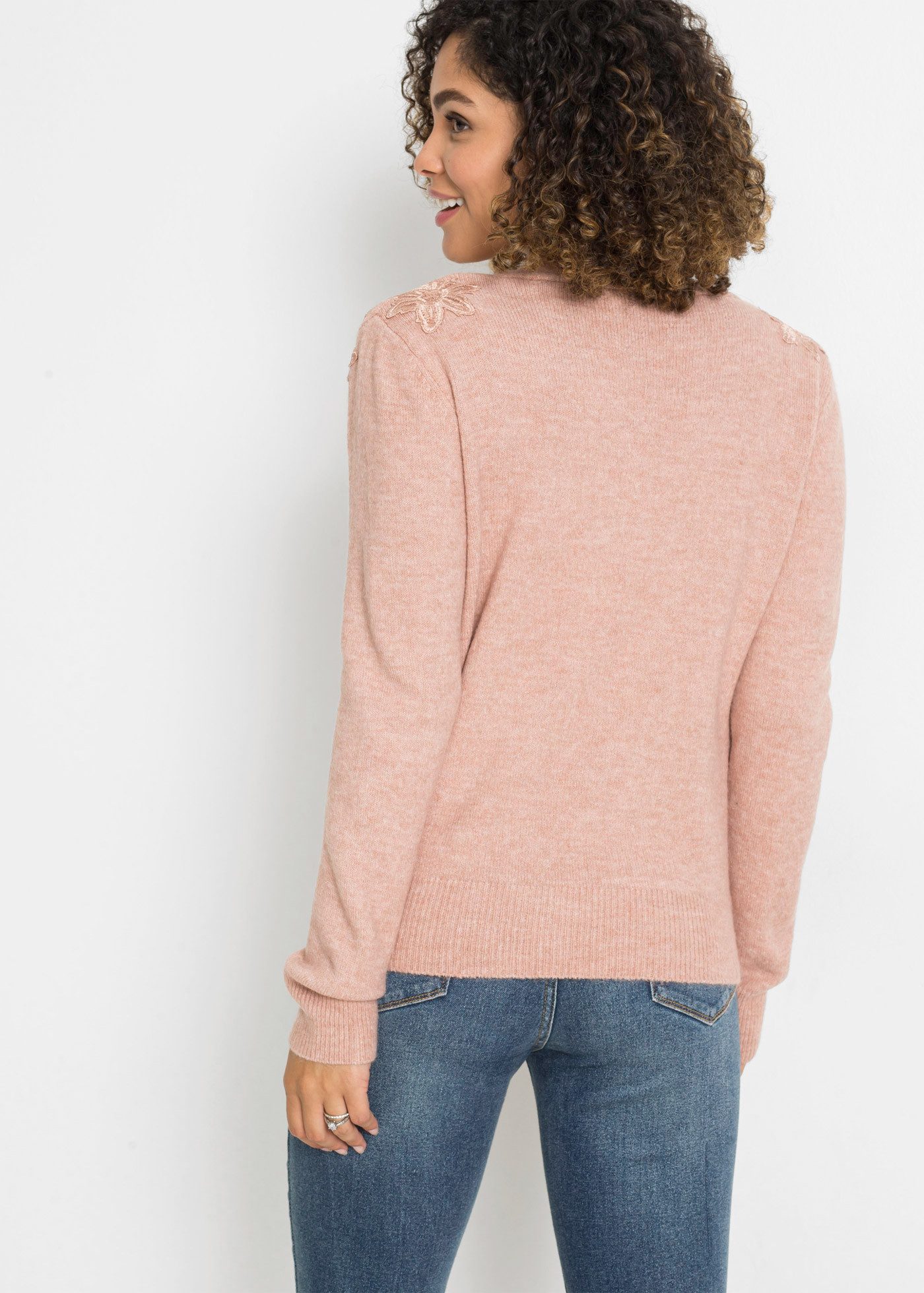 bonprix Strickpullover in Wickel-Optik, Schultern mit Cut-Out und Spitzeneinsatz