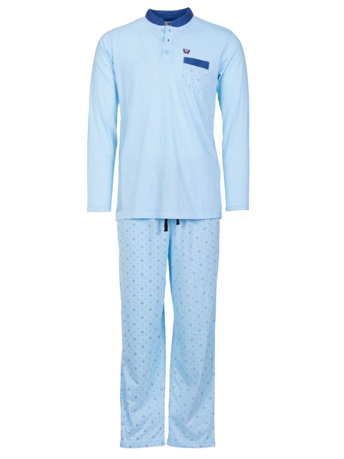 Henry Terre Pyjama Bruno Langarm- Stehkragen Shirt Uni gemusterte Hose Brusttasche – Bild 3 von 5