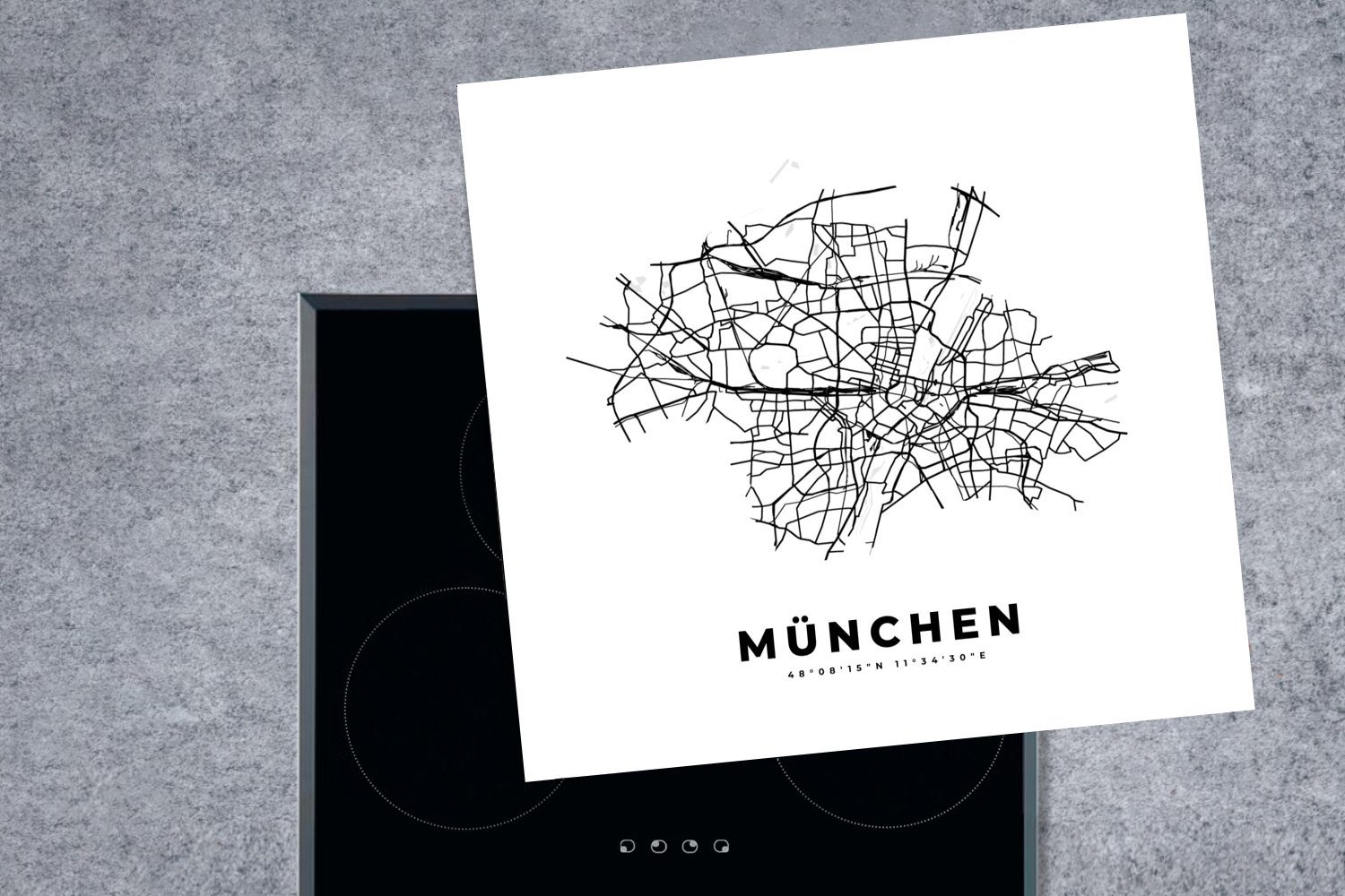 MuchoWow Deutschland tlg), - küche für cm, - - Arbeitsplatte Schwarz-Weiß, München Herdblende-/Abdeckplatte Vinyl, Karte 78x78 (1 Stadtplan - Ceranfeldabdeckung,