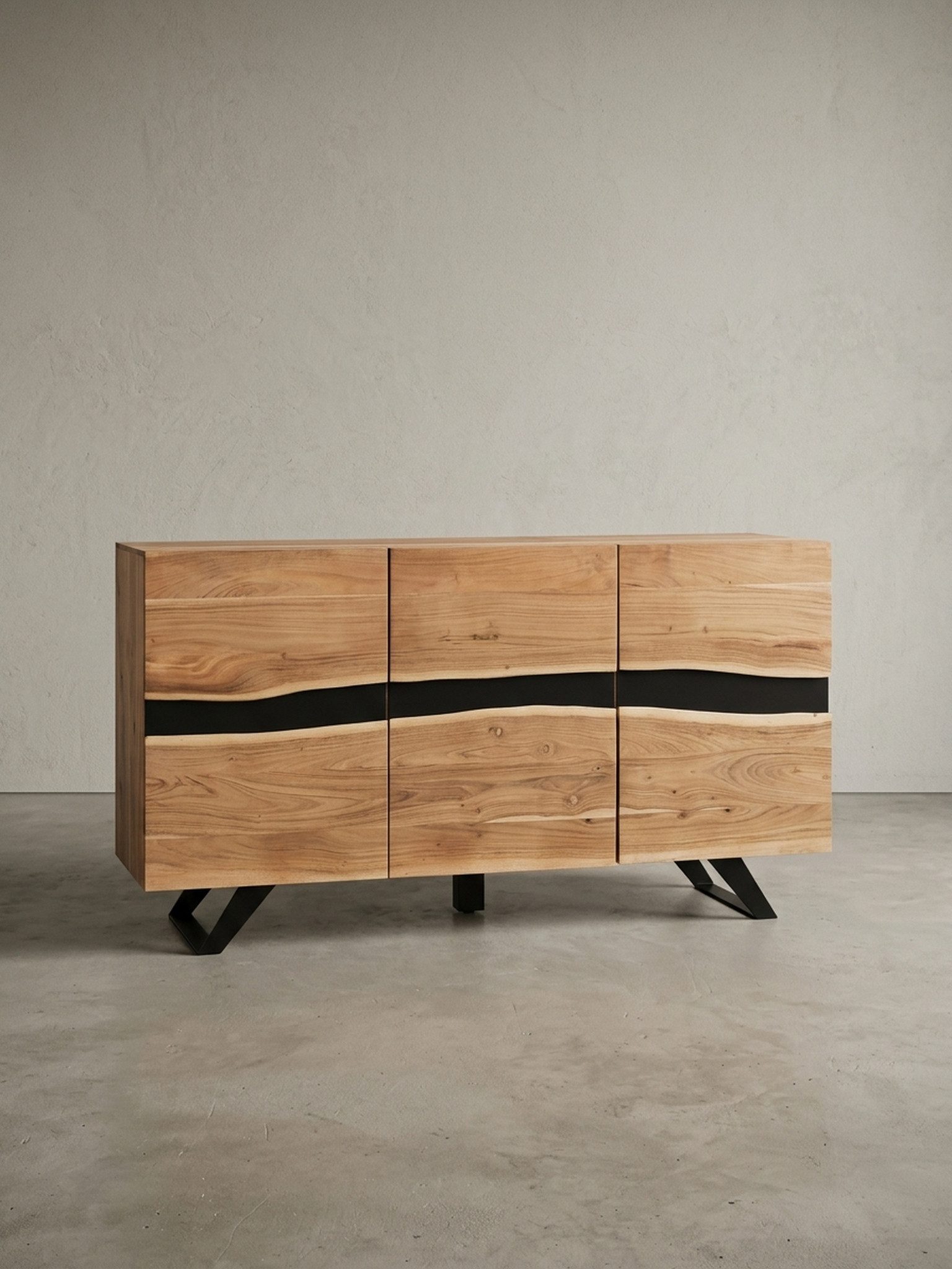 KADIMA DESIGN Kommode Sideboard 148 x 85 x 43 cm Massiv-Holz Akazie Natur Baumkante Anrichte (Flur Schrank Kommode), Landhaus-Stil Highboard mit 3 Türen