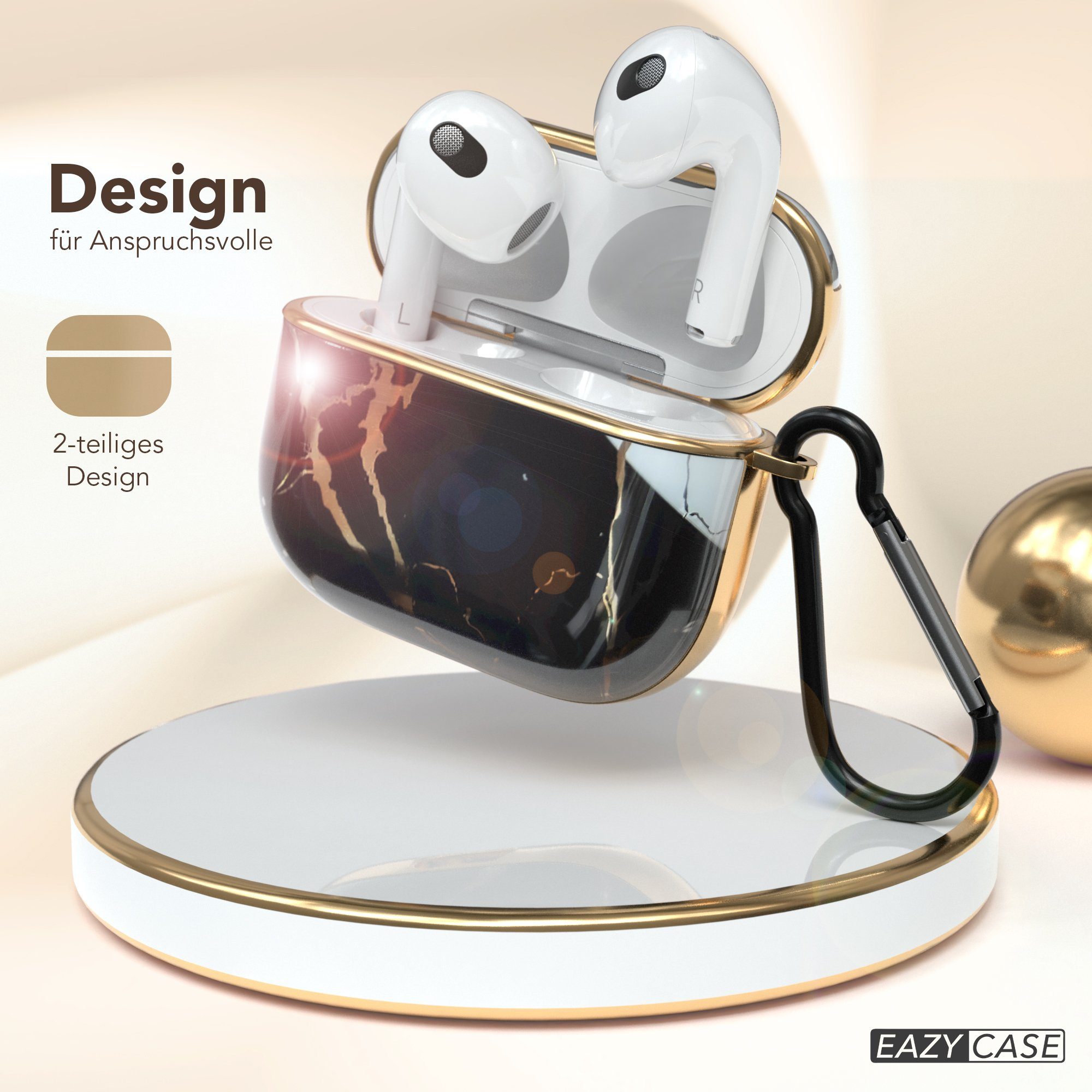EAZY CASE Kopfhörer-Schutzhülle IMD Motiv Case kompatibel mit Apple AirPods 3, Box Cover Schutzhülle Fullcover Bumper mit Handschlaufe Schwarz / Gold