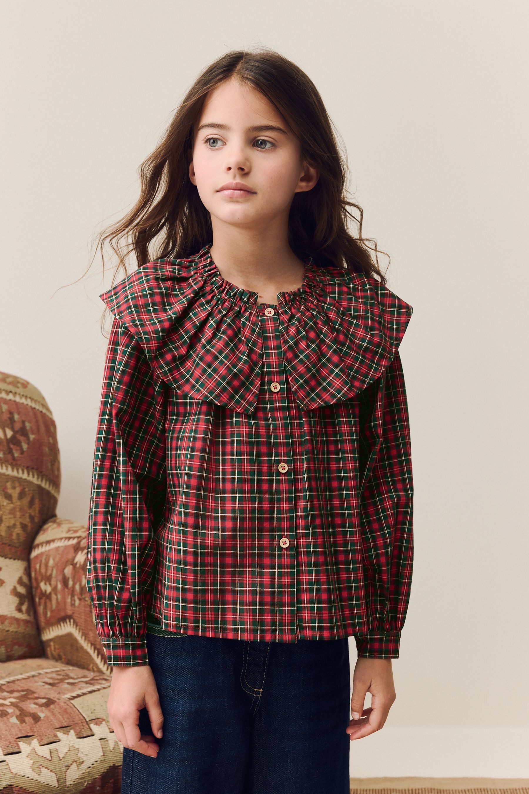 Next Rüschenbluse Bluse mit Rüschenkragen und Karomuster (1-tlg)