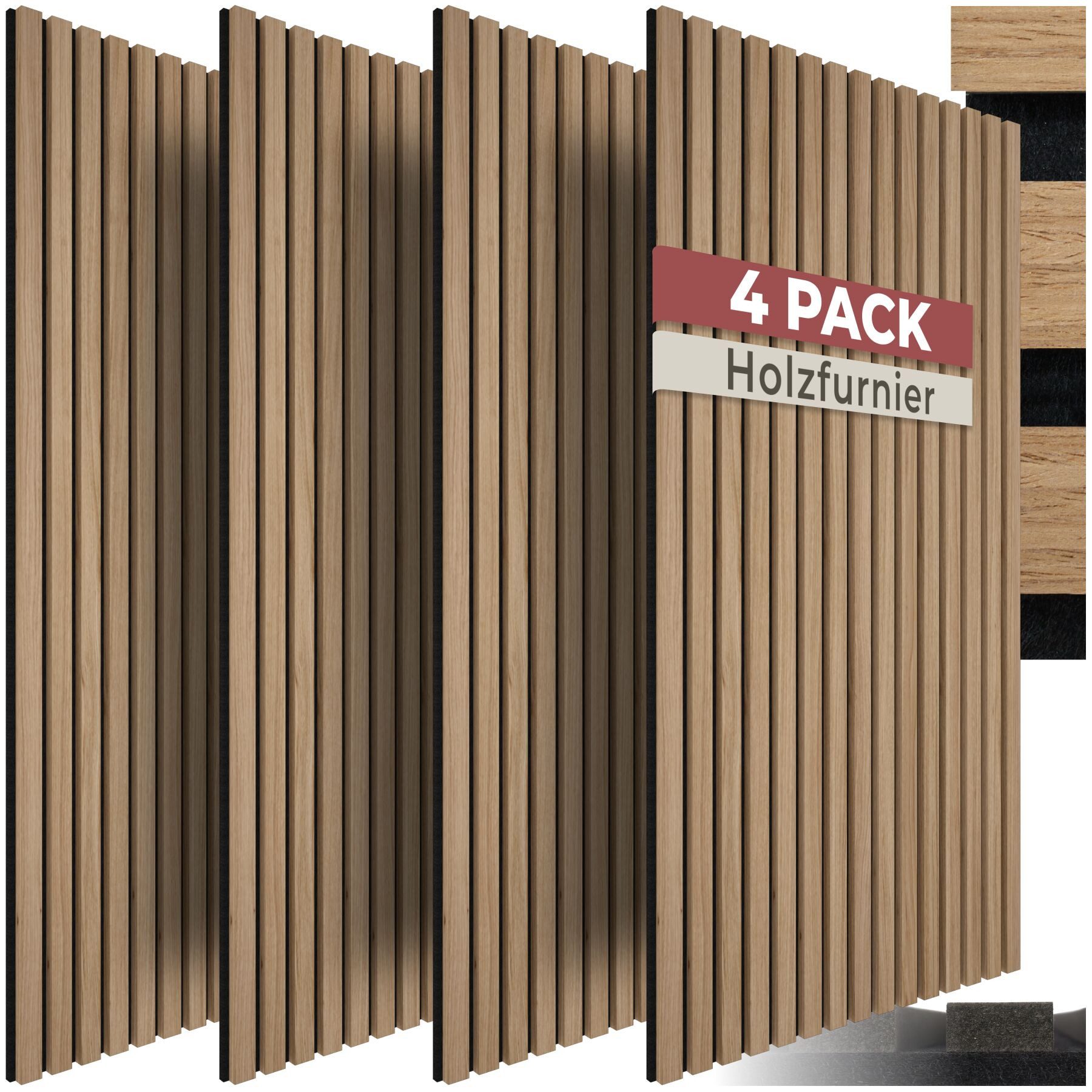 tectake Wandpaneel Akustikpaneele aus MDF und Echtholzfurnier - Eiche, BxL: 50x110 cm, 0.55000000000000004 qm, (Holzpaneele Sonic Wall II, 4-tlg., Größe flexibel anpassbar) schallabsorbierender Filz, einfache Montage mit Kleber oder Schrauben