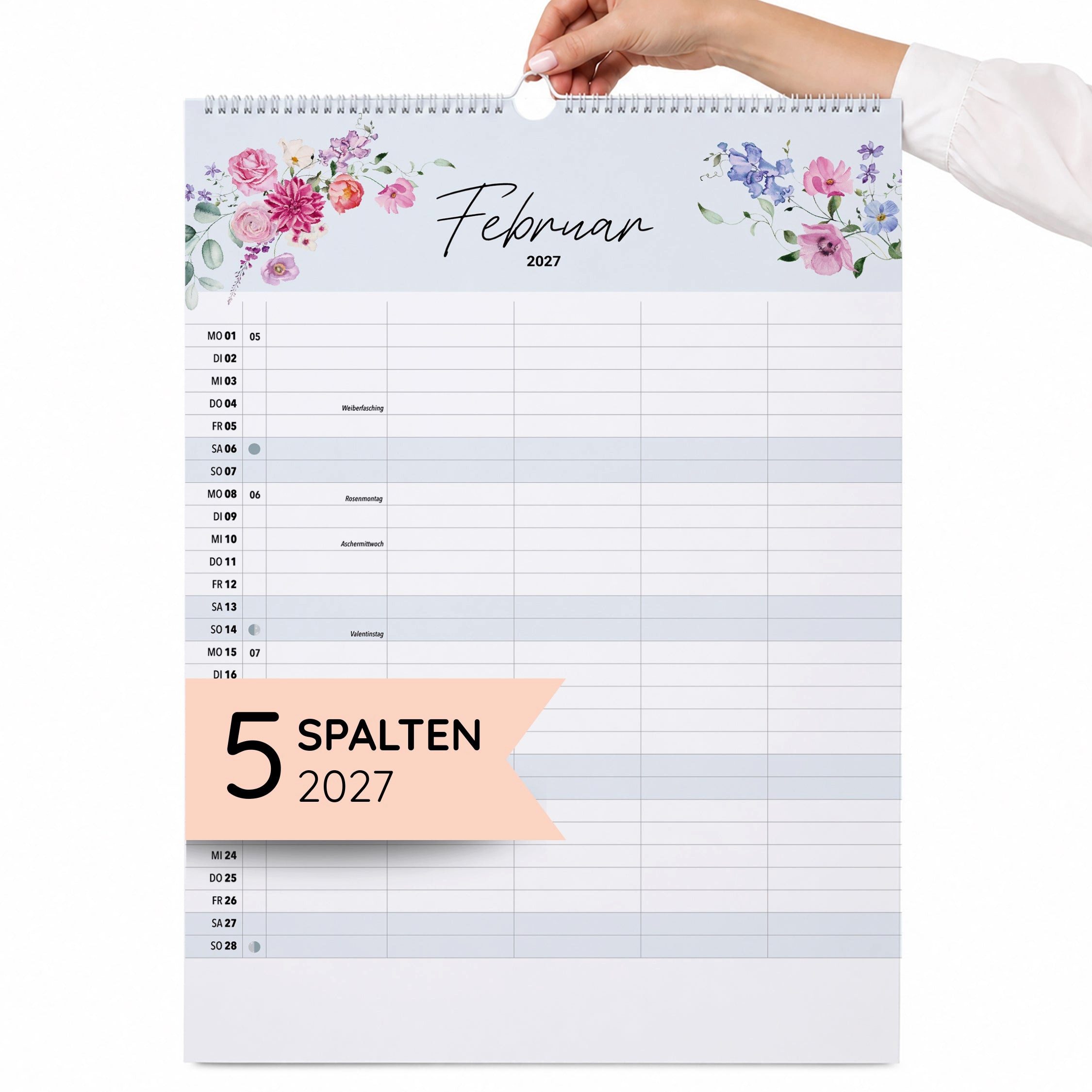 heaven+paper Familienkalender A3 Familienplaner WILDFLOWER 5 Spalten 2026 blumig, hochwertig, Hergestellt in Deutschland