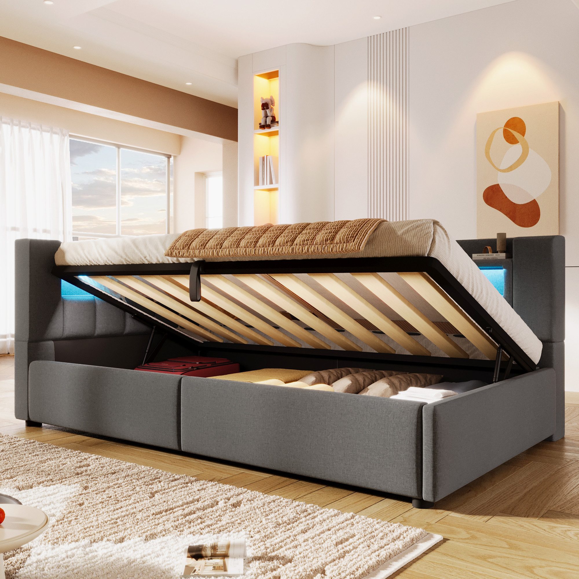 Merax Daybett 90x200cm mit LED-Beleuchtung und USB&Typ-C Ladefunktion (Jugendbett Einzelbett Sofabett, 1 tlg), Tagesbett mit hydraulischem Stauraum & Staufächer – Bild 3 von 5