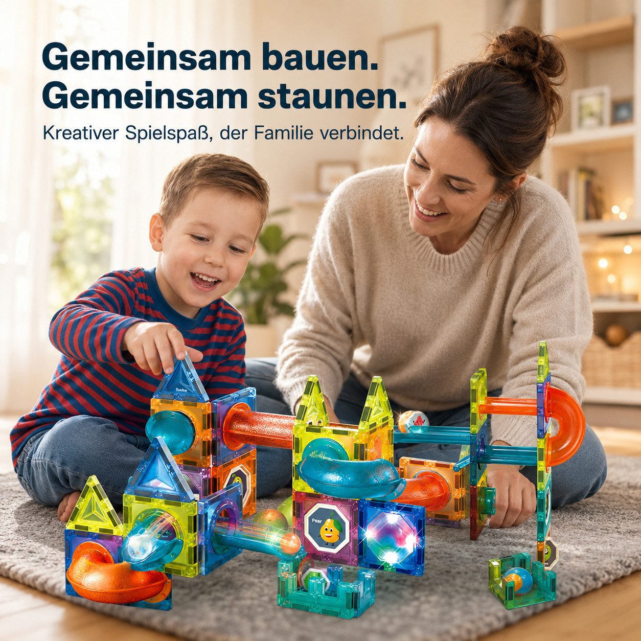 Goldstern-Tech 75- oder 110-teilig LightCube Magnetspielbausteine, (kreatives Spielset, 75 St., Kombiniertes Bau- und Kugelbahnsystem), STEM-Konstruktionsspiel für kreatives 2D- & 3D-Bauen