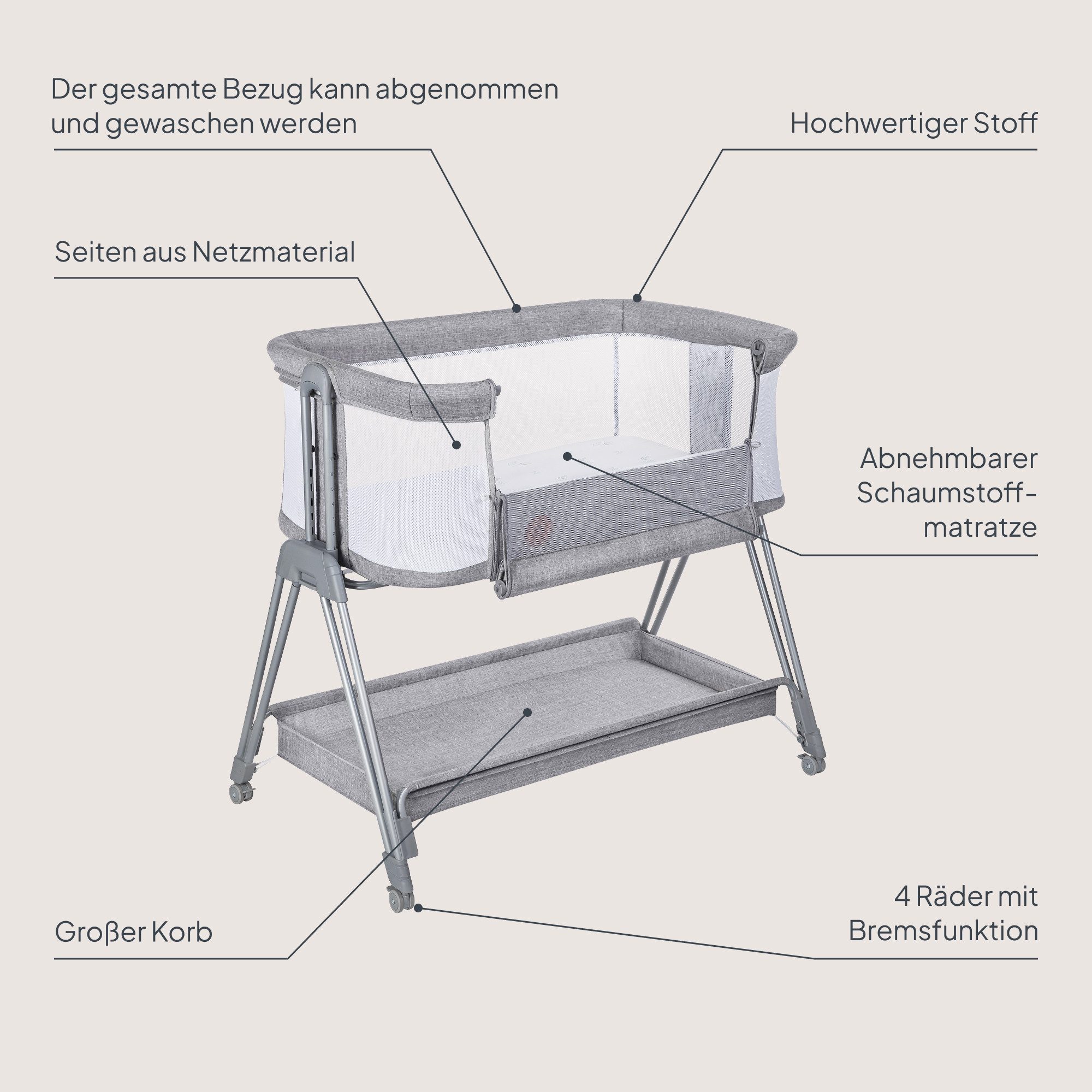 lionelo Baby-Reisebett LUNA, 2in14 Rädern mit Bremse6-stufige Höhenverstellung