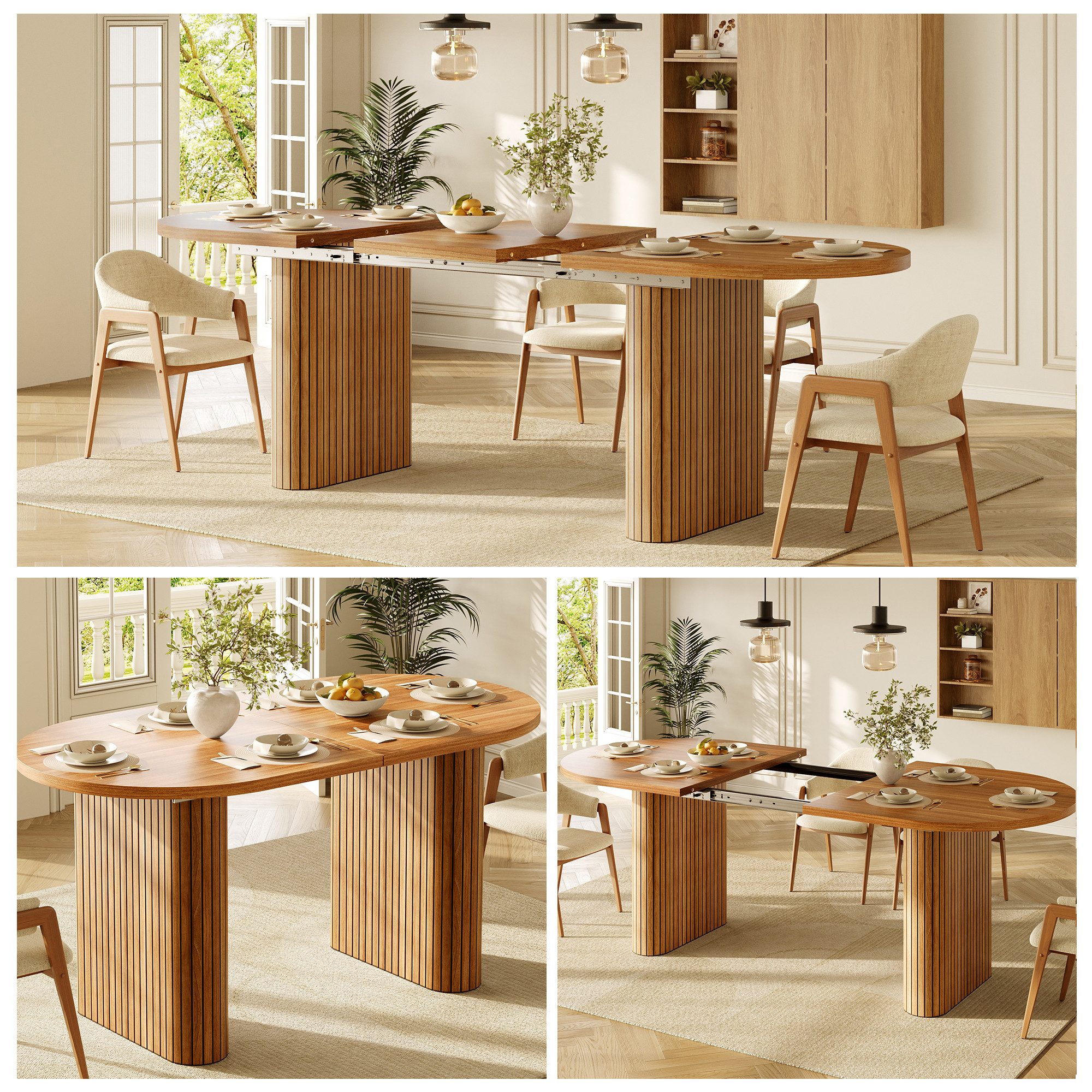 i@home Esstisch 120-160cm Ovale Esstisch für 6-8 Personen, ausziehbarer Esstisch, ovaler Holztisch mit vertikaler Struktur, belastbar bis 60kg, 3 Farben