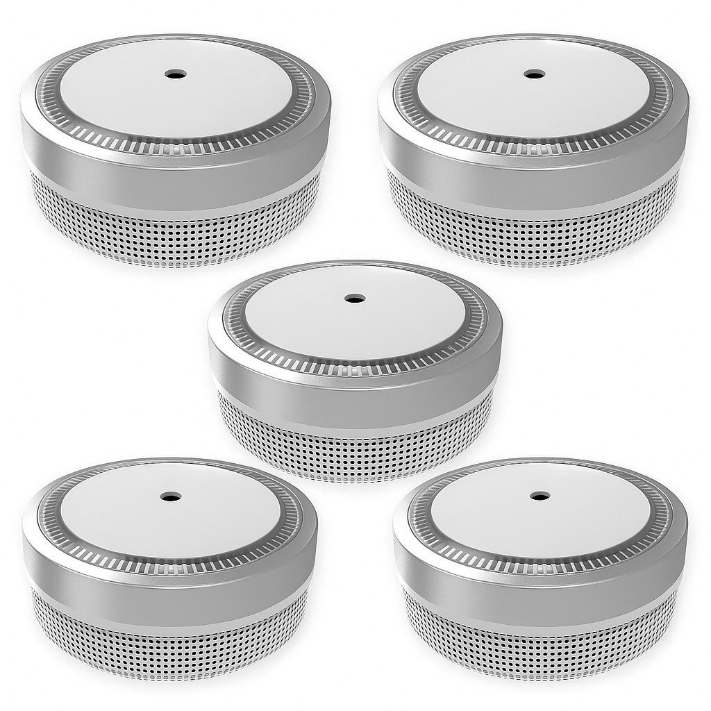 NEMAXX M1-Mini VdS G216020 EN14604 10 Jahre 85dB 3V Lithium Hush Silber 5x Rauchmelder (Photoelektrisch, LED-Status, Prüftaste, Batteriewarnung pausierbar)