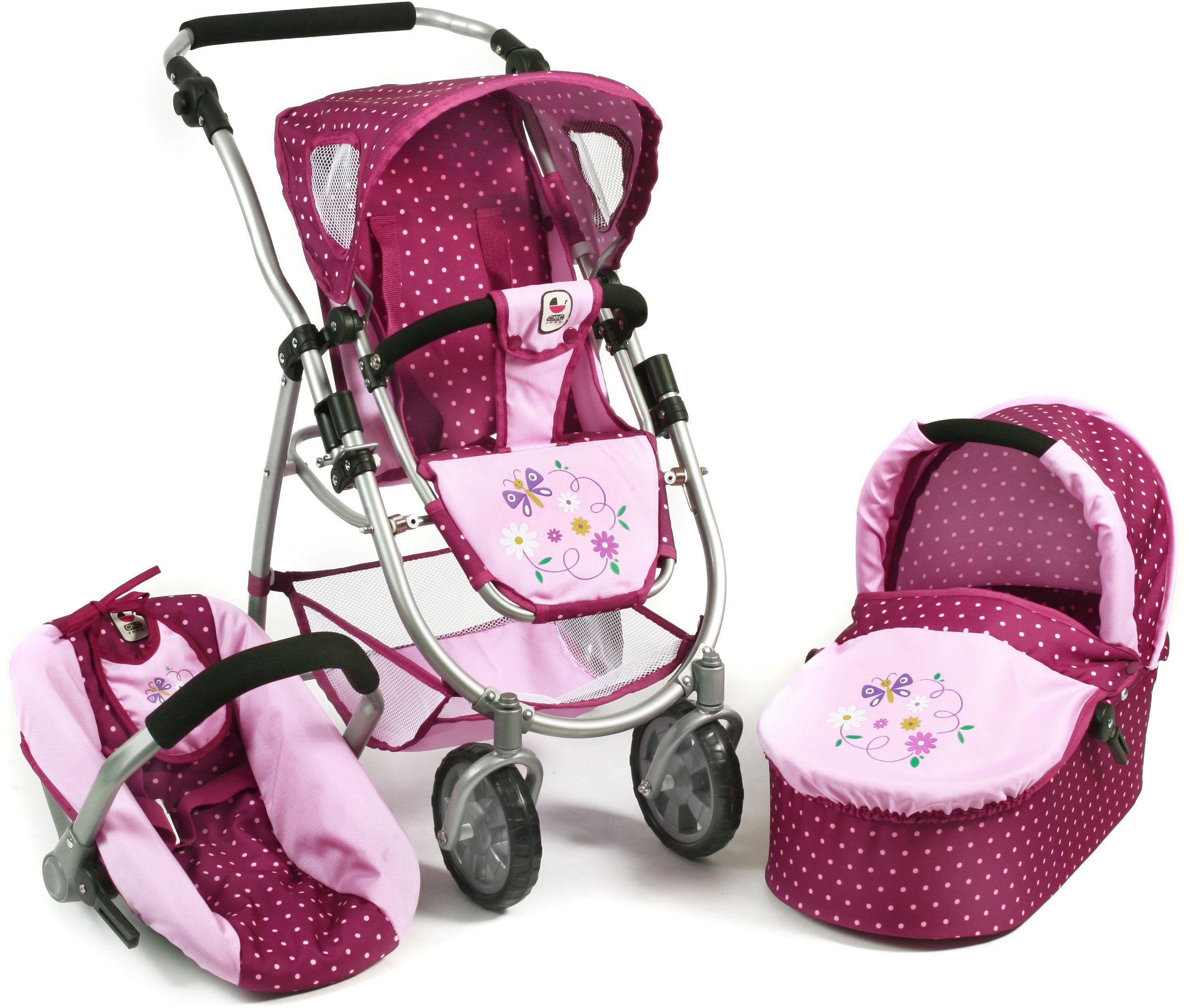 CHIC2000 Kombi-Puppenwagen Emotion All In 3in1, Brombeere, inkl. Babywanne, Babyschale und Sportwagenaufsatz