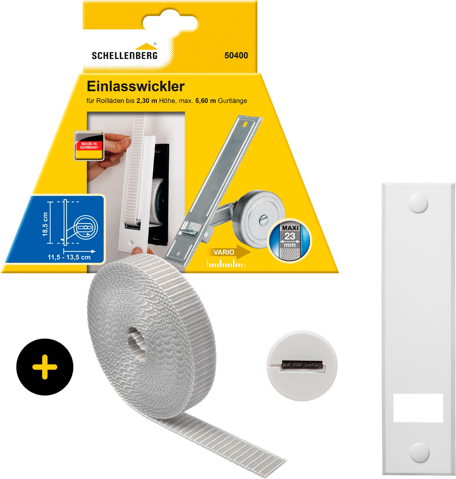 Einlass-Gurtwickler inkl. Abdeckplatte, Gurtführung, Rollladengurt grau oder weiß