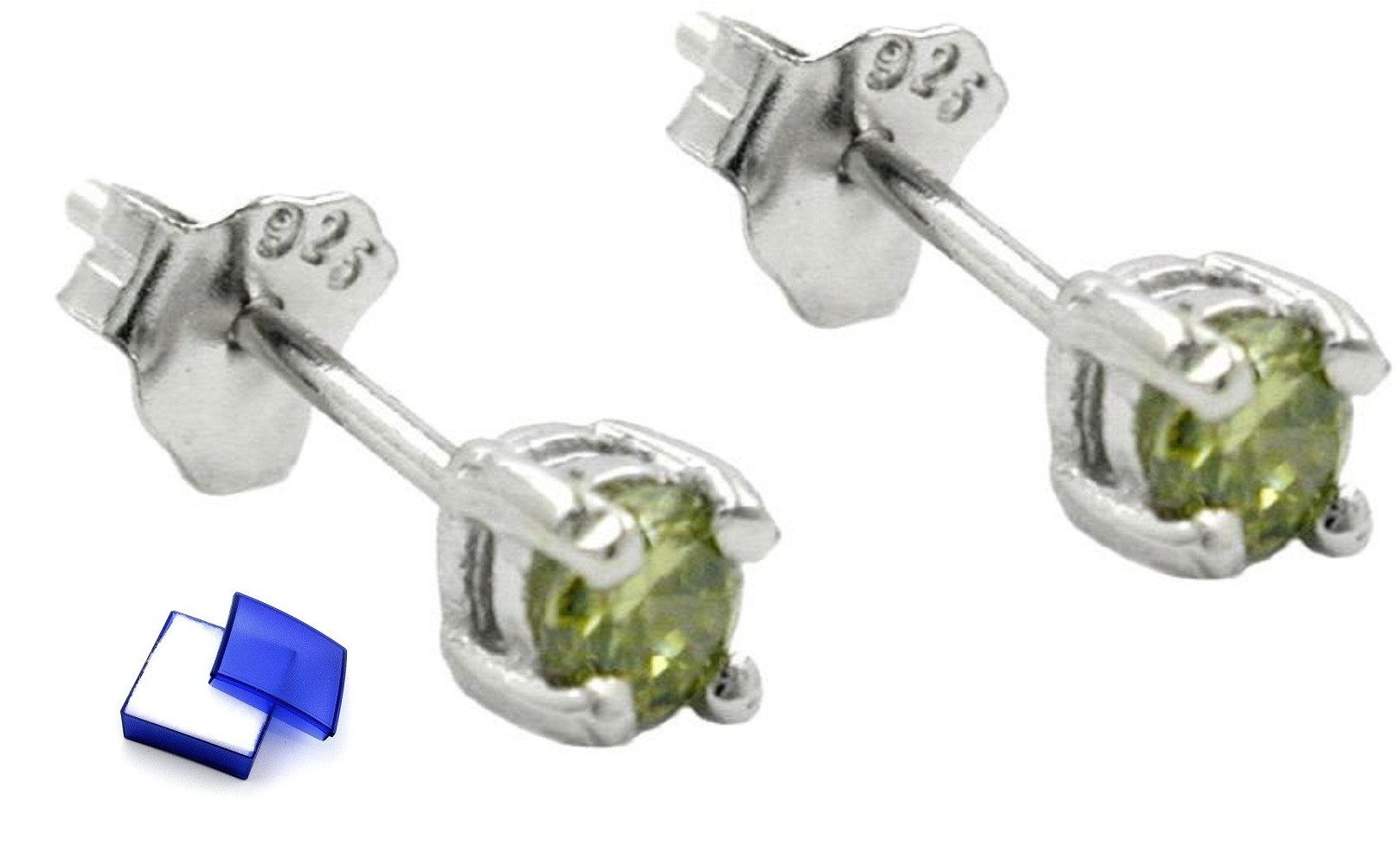 Paar Ohrstecker Ohrringe olivfarbener Glasstein rhodiniert 925 Silber 3 x 3 mm