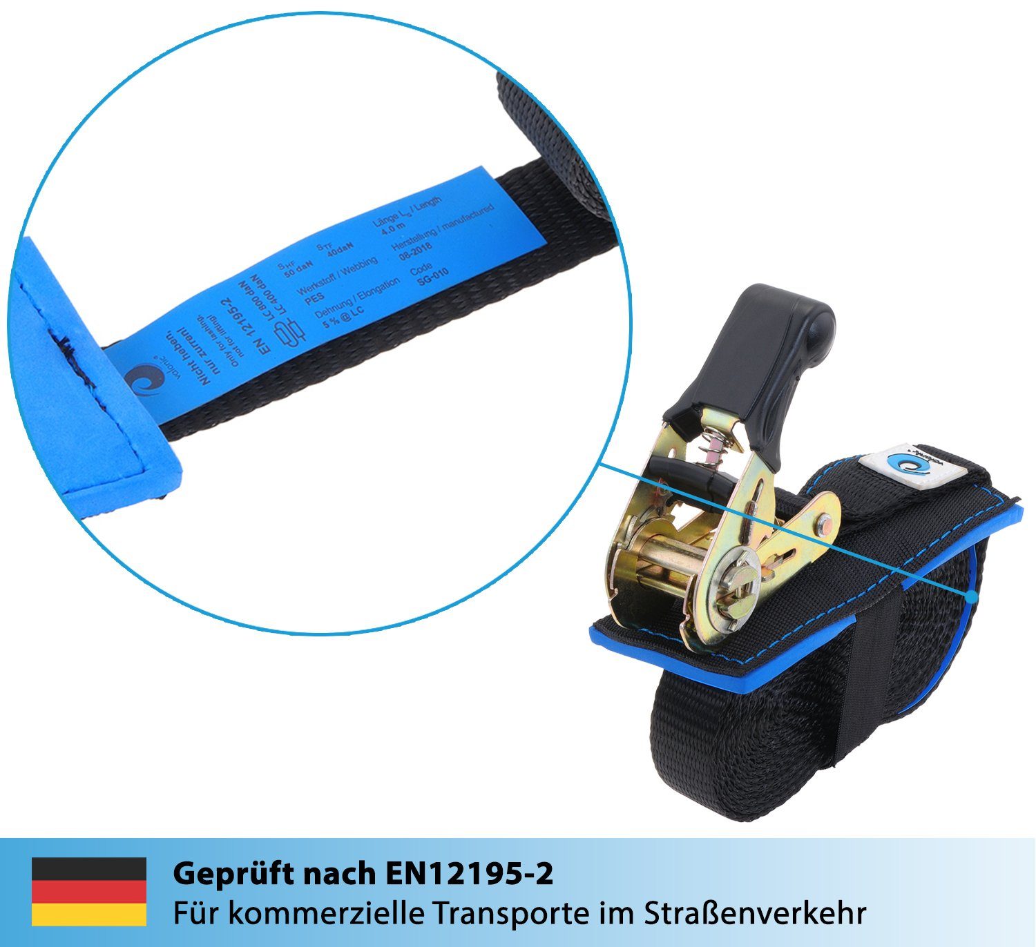 valonic Spanngurt VATER 010 (2er 6m) Neoprenpad Set, Ratsche mit TEST Stück 2 Ratschenspanngurt