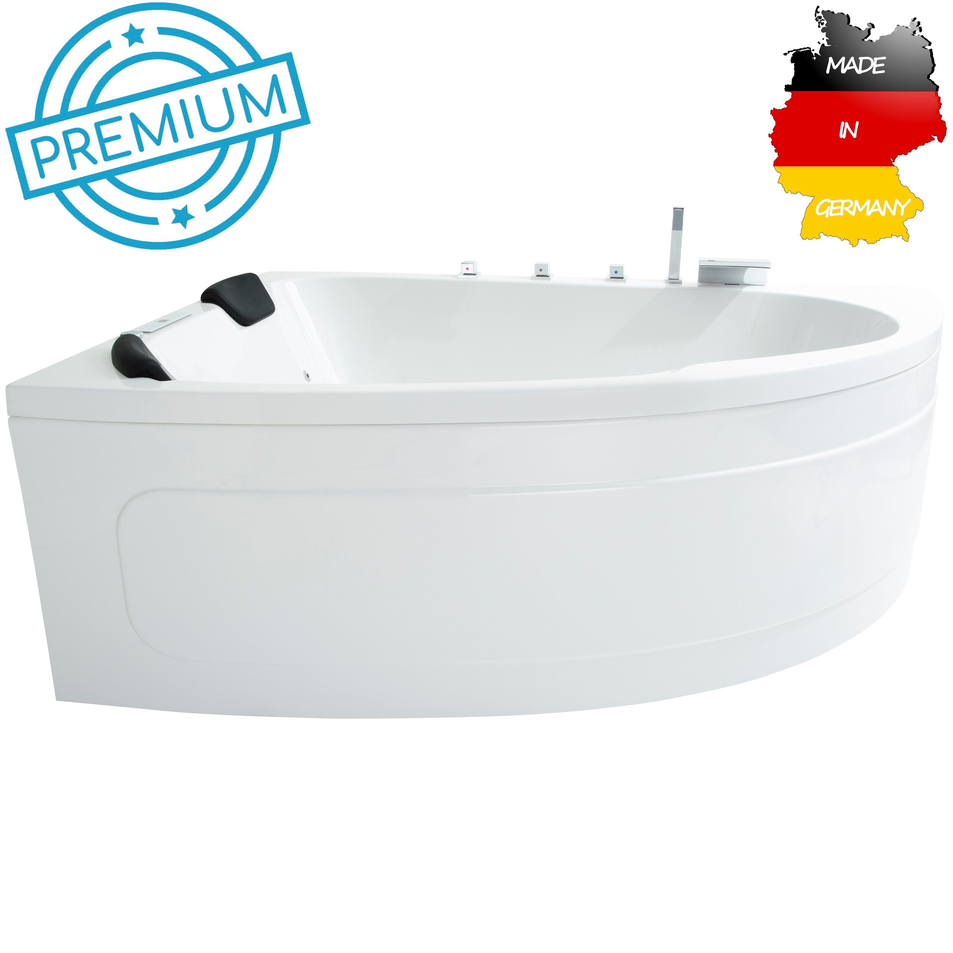 Basera® Whirlpool-Badewanne PREMIUM Indoor Eck-Whirlpool Badewanne Guam Li. 180x130cm für 2 Pers., (Komplett-Set), mit 25 Massagedüsen, Heizung, Wasserdesinfektion, Wasserfall, LED, ...