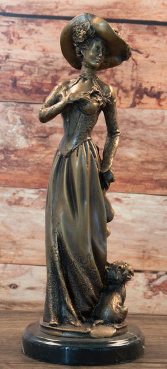 Casa Padrino Dekofigur Jugendstil Bronze Skulptur Dame mit Hund Bronzefarben / Schwarz 13 x 13 x H. 33 cm - Bronze Skulptur mit Marmorsockel - Barock & Jugendstil Deko Accessoires
